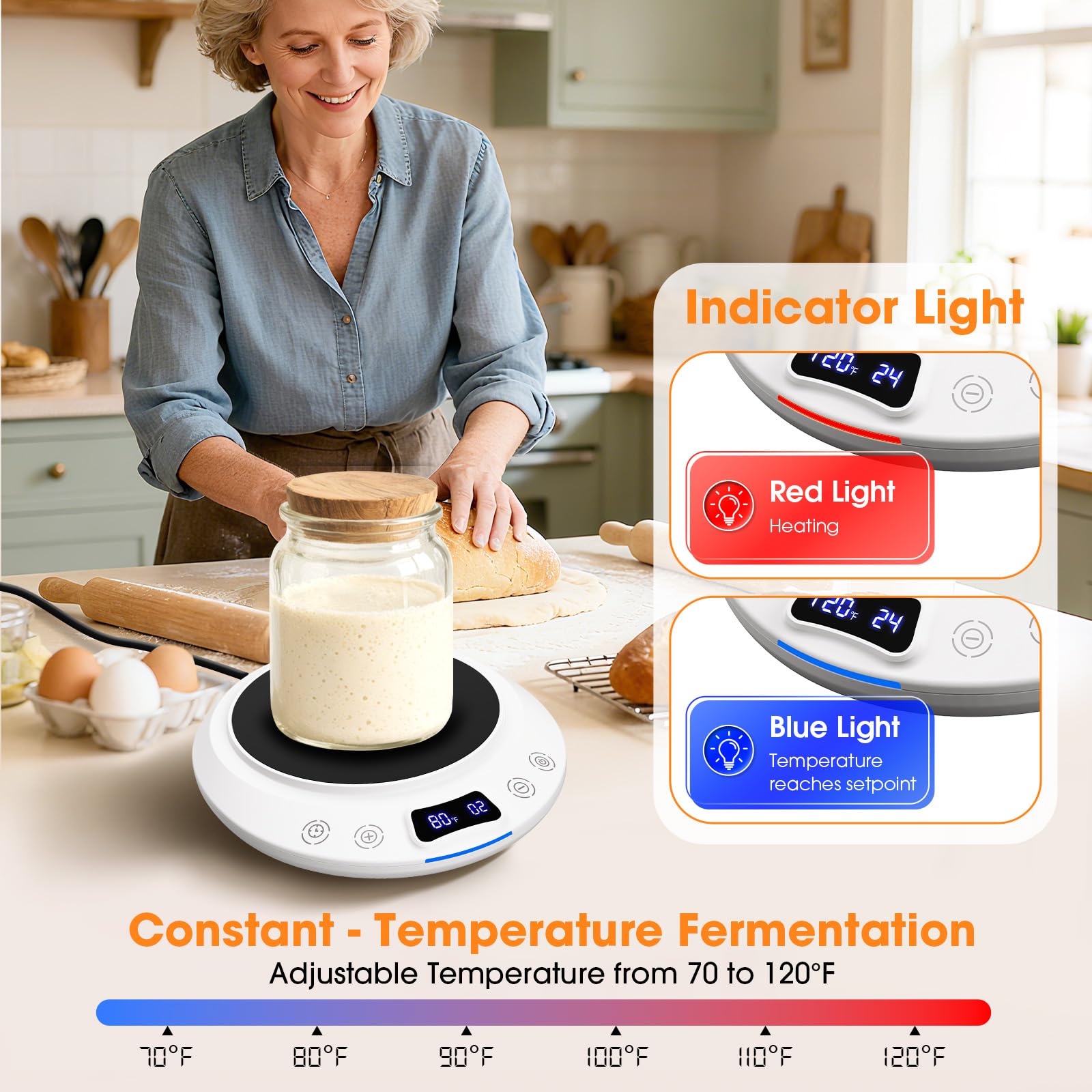 Sourdough Starter Warmer Mat, Precise 1°F Thermostat Control (70-120°F) Sourdough Heating Mat, Warmer for Sourdough Starter, 0-24h Timer, Auto On/Off, Memory Function (White)