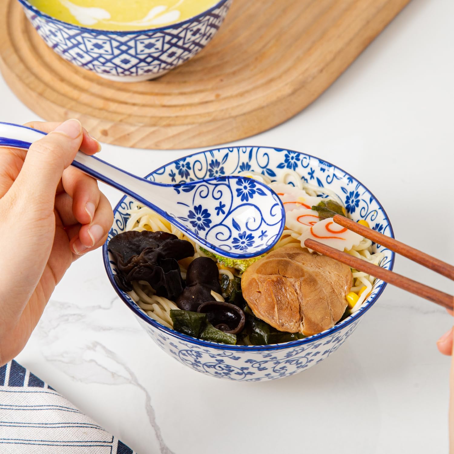 Cerkik Ceramic Asian Soup Spoon - 6.3 Inch Chinese Soup Spoons Japanese Ramen Spoons for Pho Dumplings Wonton Miso Cereal Stews Noodles - Vintage Blue