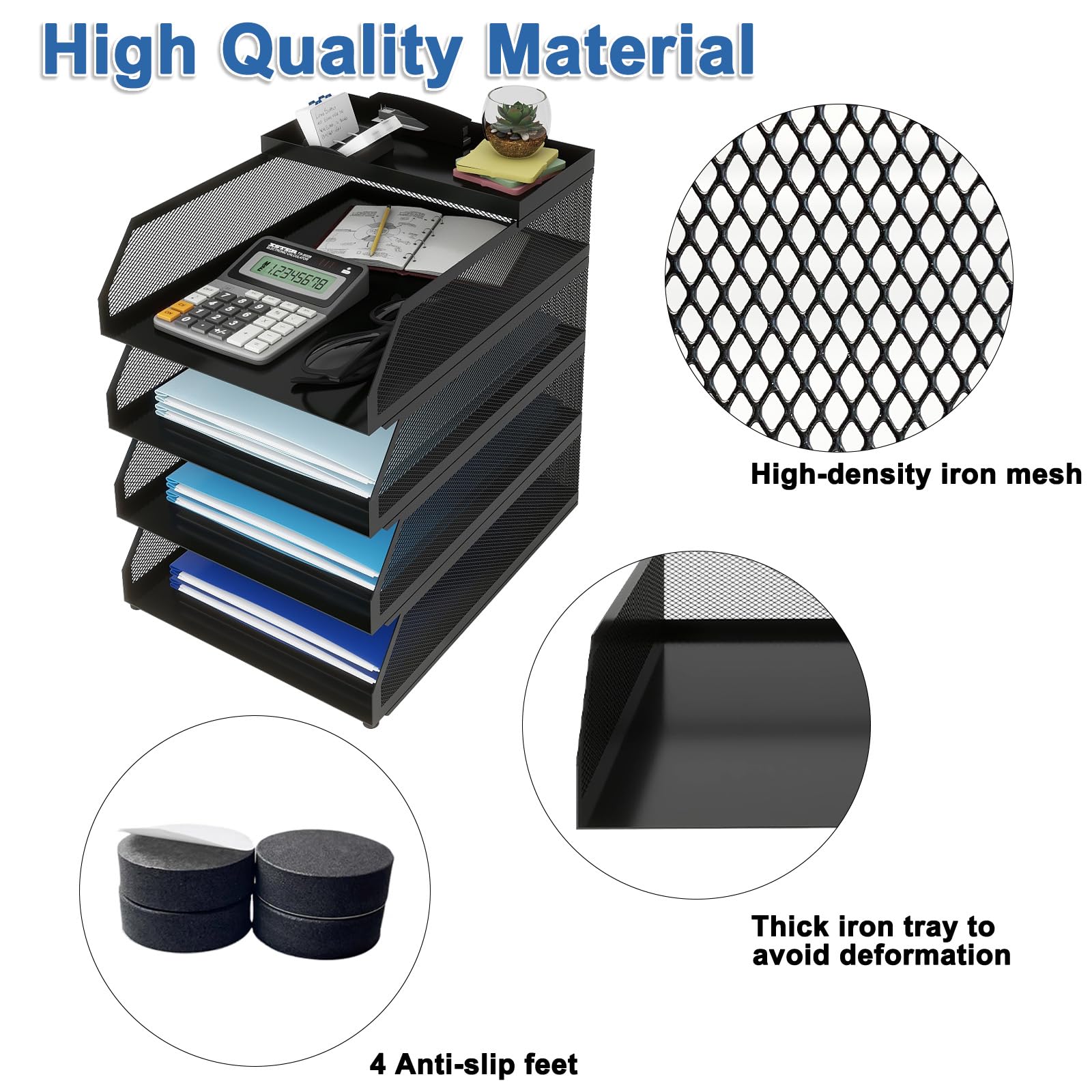 Natwind 4-Tier Stackable Paper Tray, Metal Mesh Desktop Organizer, Paper Sorter, Letter Trays,File Document Storage Rack for for Home, Office, School (Black)