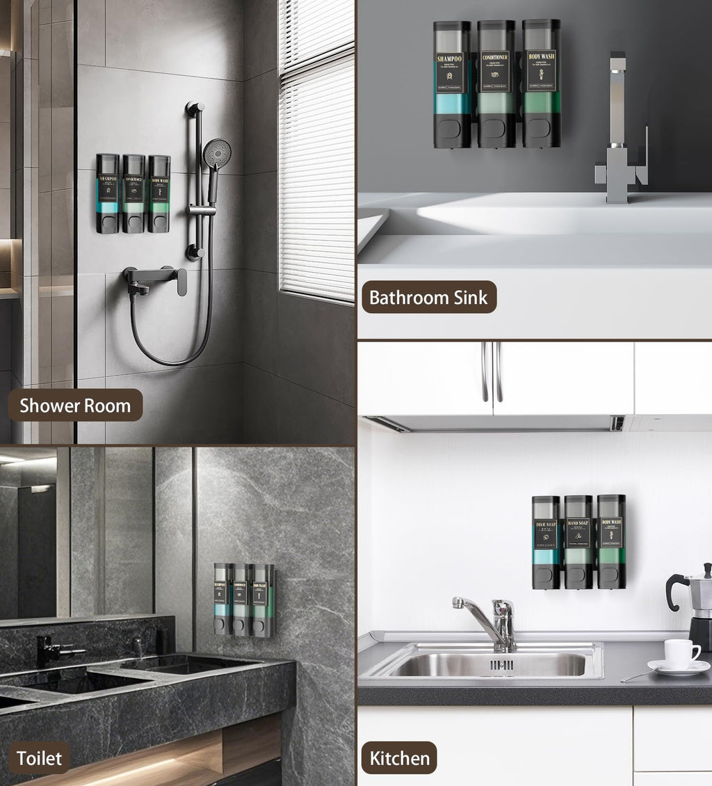 Luxspire Shampoo and Conditioner Dispenser, No Drill Wall Mounted Shower Soap Dispenser 3 Chamber with Waterproof Labels, Easy Refill Soap Dispenser for Bathroom Hotel Kitchen, Black
