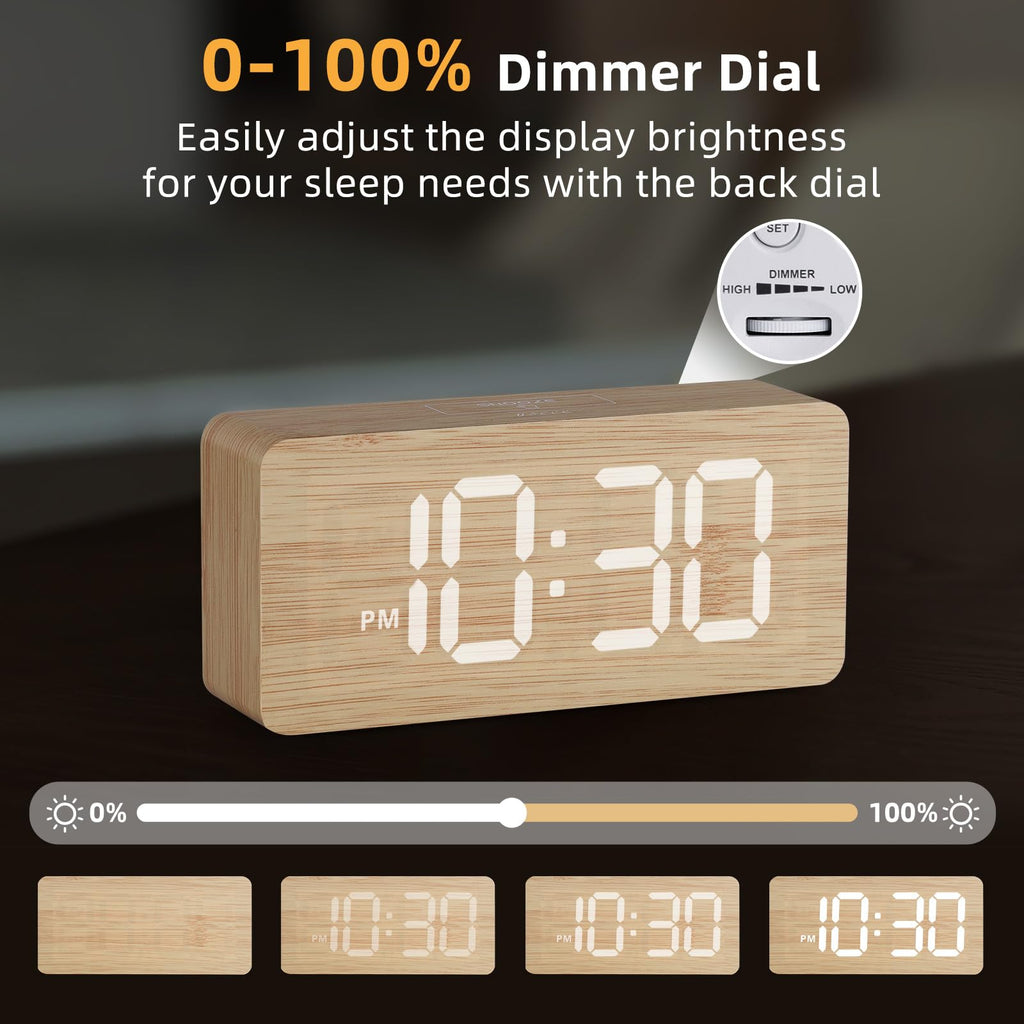 Wooden Digital Alarm Clocks for Bedrooms: Dimmable Dual Alarm Clock with Large Numbers for Bedside Desk - Bamboo