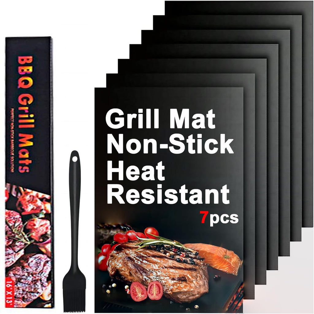 Lmoszuak BBQ Reusable Grill Mat Set of (7+1) - Non-Stick Coating Grilling Mats.Heat Resistant, Easy to Clean BBQ Accessories, Works on Gas, Charcoal, Electric Grill, Oven