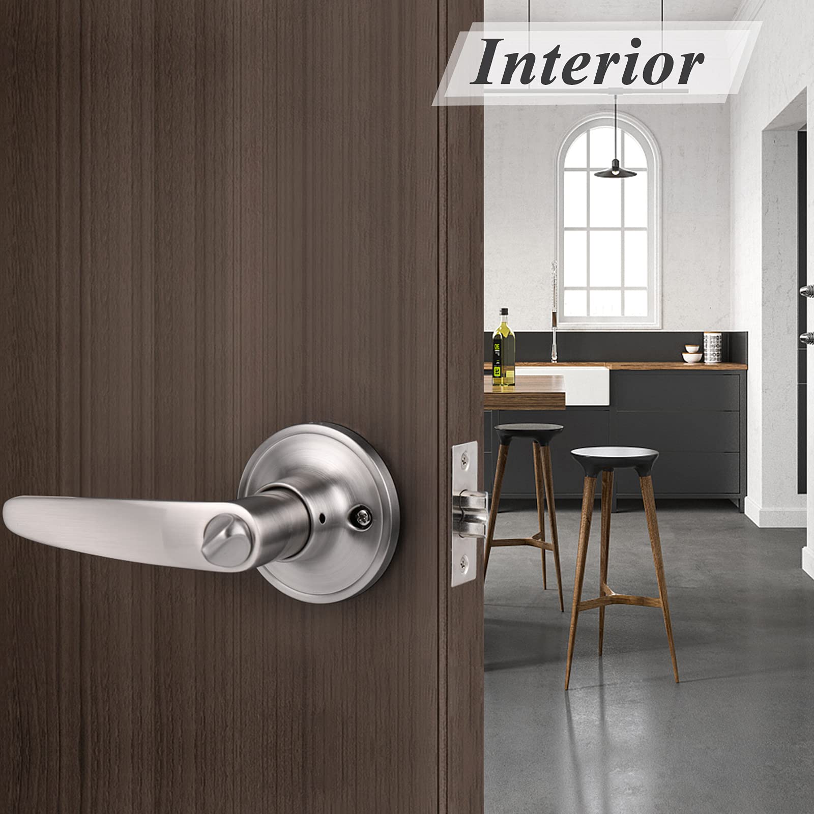 Probrico Satin Nickel Privacy Door Lever Keyless Interior Bed/Bath Door Handle, Reversible for Right & Left for Bathroom or Bedrooms, 1 Pack