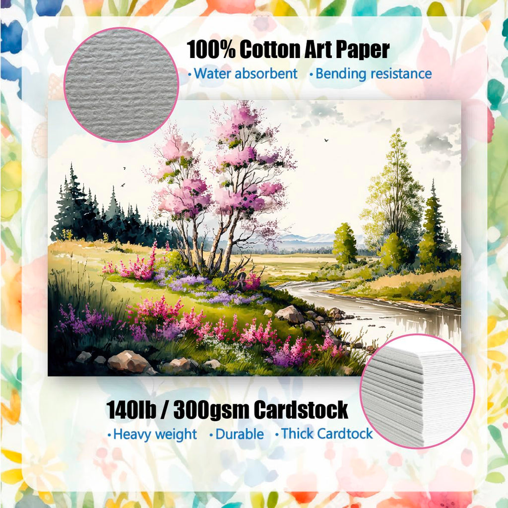 50 Pack Blank Watercolor Cards and Envelopes Set, 140lb Heavyweight 100% Cotton, 4 x 6 Inch Foldable for Painting or Card Making, Christmas Birthday