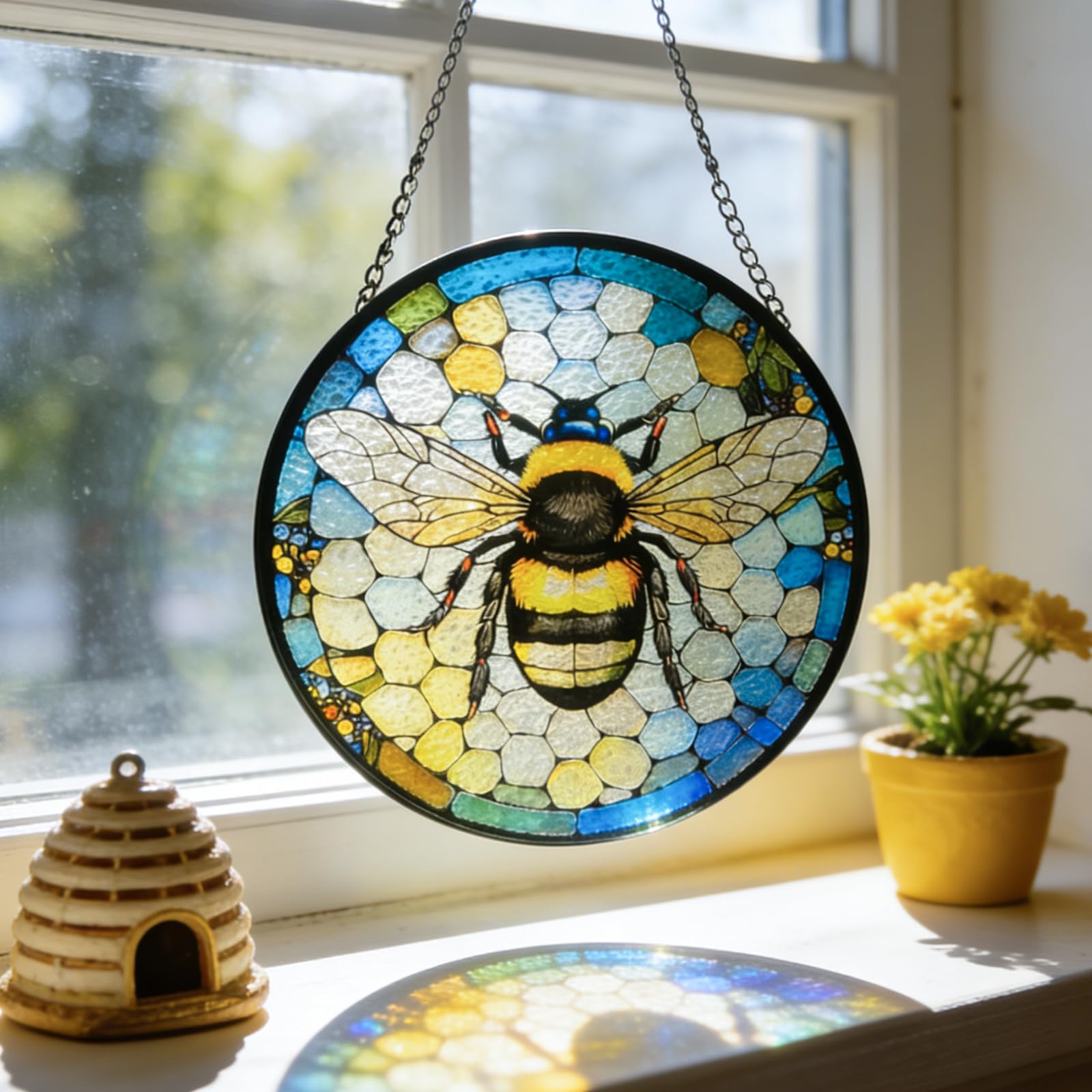 Huyfoig Ice Crack Bee Stained Glass Window Hanging, Bumblebee on Honeycomb Suncatchers for Windows Hanging Ornament for Home, Office Decor Christmas Birthday Gift for Mom Grandma (8""/20cm), HUY216