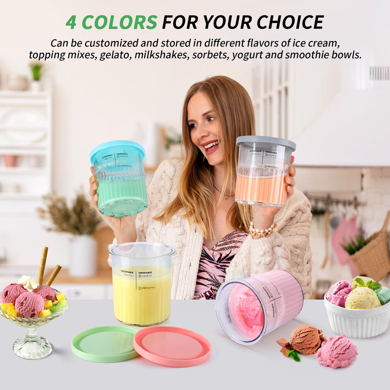 4 Pack Ice Cream Pints and Lids Compatible with Ninja Creami Deluxe Ice Cream Maker (NC501 Series) Ninja Creami Deluxe Containers