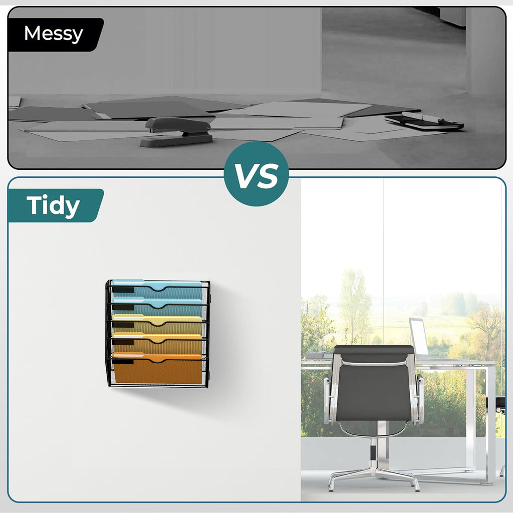 SUPEASY 5-Tier Wall File Organizer Mesh Office Mail Holder, Hanging Wall Organizer Magazine Rack for Office Black
