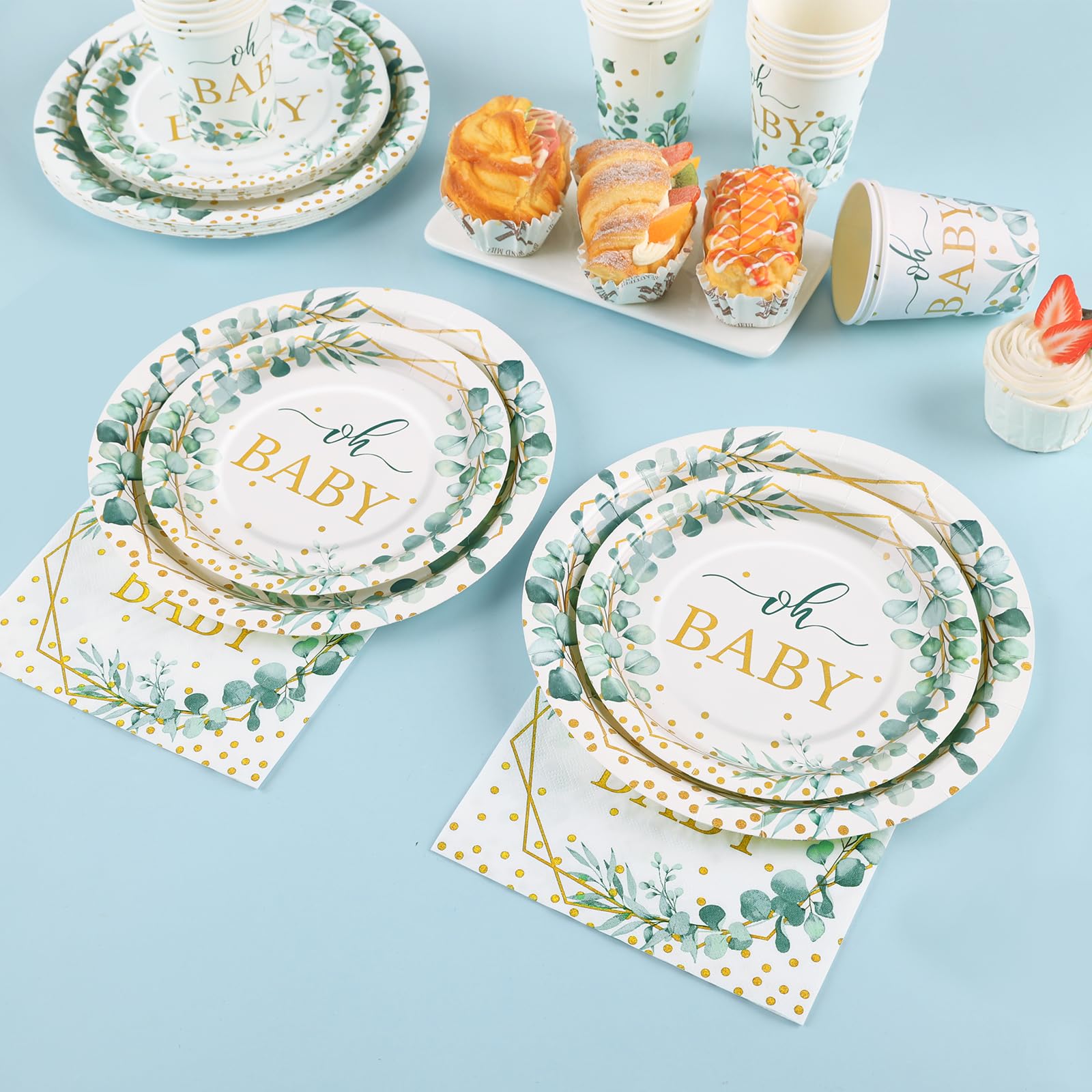 Gudvilla 168 PCS Sage Green Baby Shower Decorations Neutral, Baby Shower Plates and Cups and Napkins Sets Serves 24, Oh Baby Plates for Boy, Gender Reveal, Green and Gold Plant Eucalyptus Boho