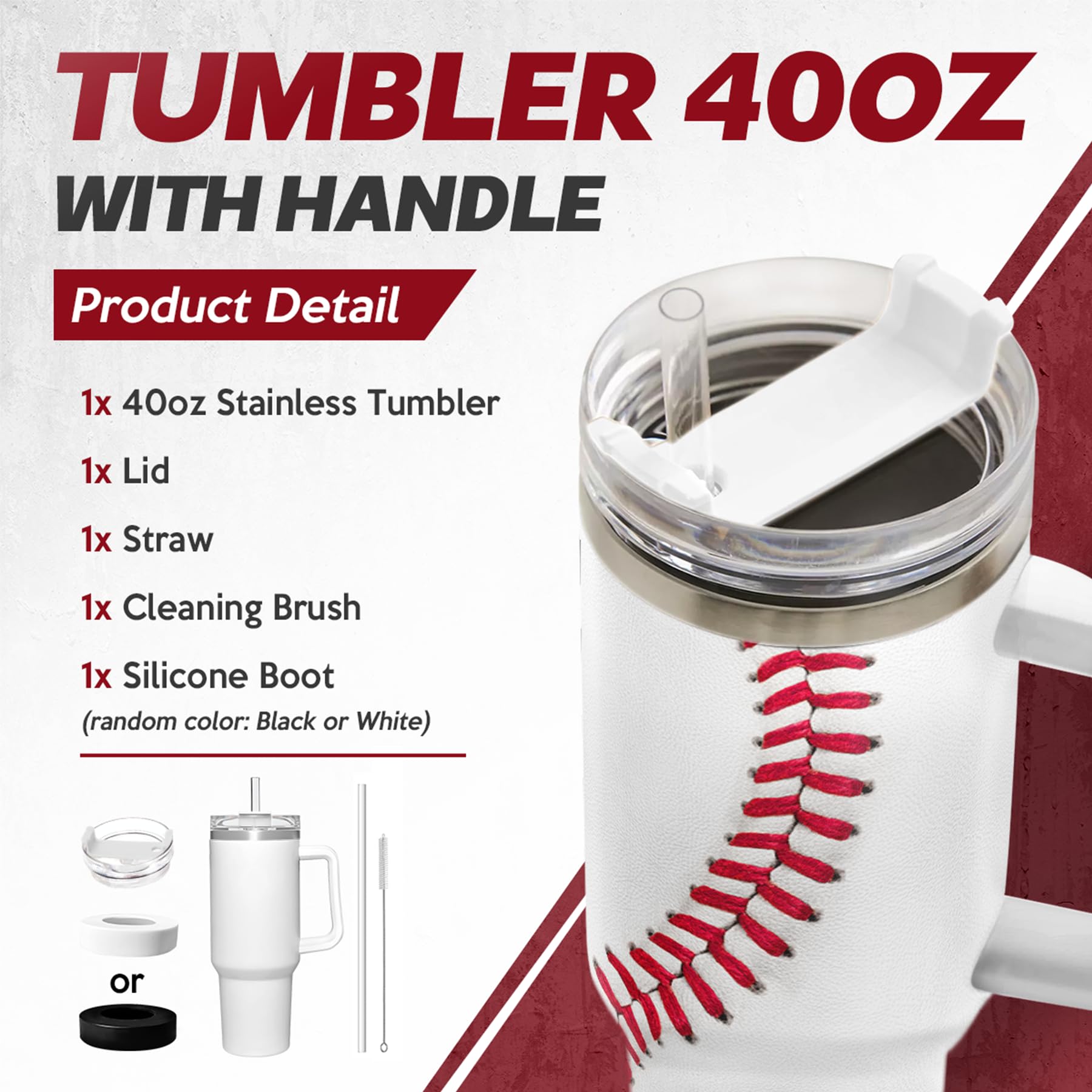 Baseball Tumbler with Handle 40oz, Insulated Stainless Steel Cup with Lid & Straw, Gifts for Men, Boys, Players, Coaches, Sports Lovers, Christmas, Birthday