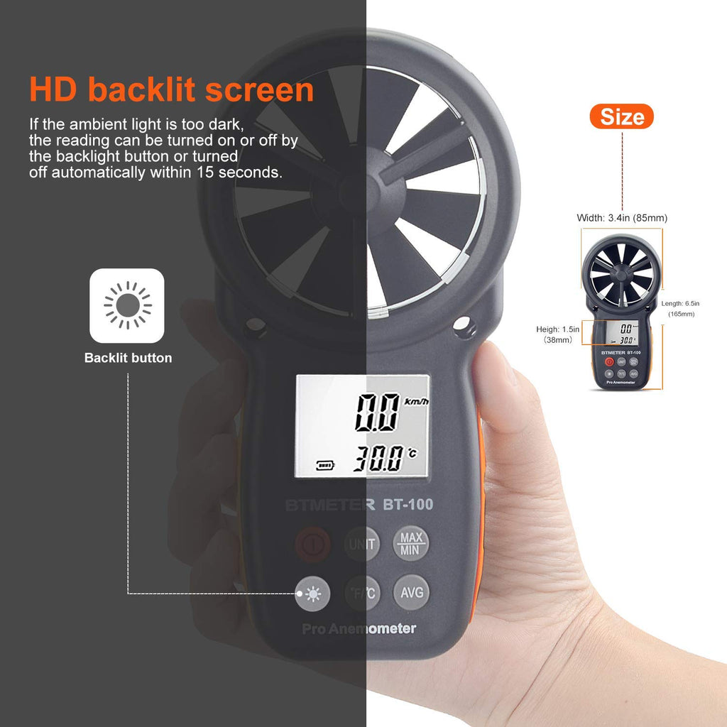 BTMETER Wind Speed Gauge Meter BT-100 Anemometer Portable Digital 14℉-113℉ Temperature Air Velocity Wind Chill Temperature Measurement Backlight Accurately Measuring