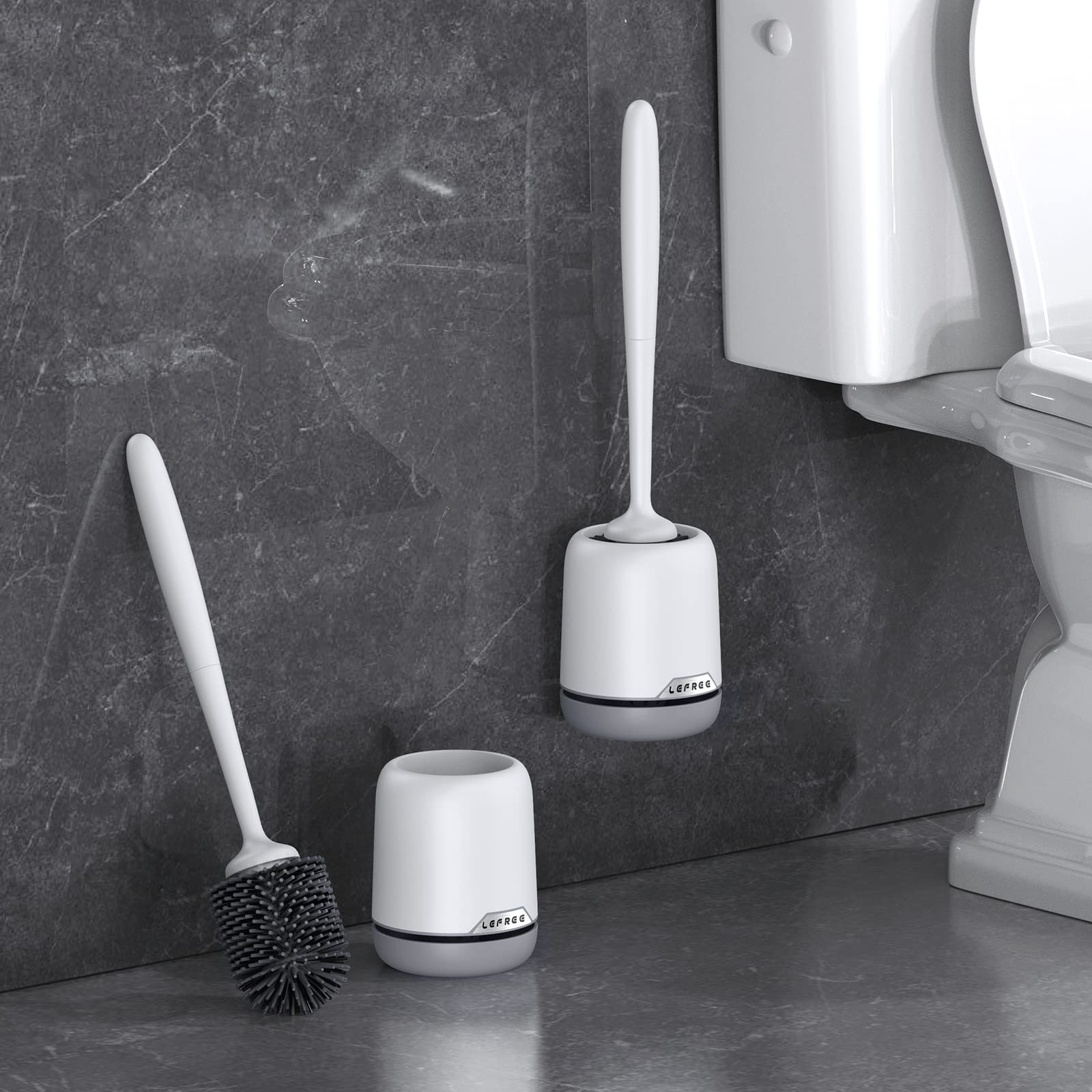 Lefree Silicone Toilet Brush and Holder 1 Pack, Toilet Bowl Cleaner Brush Set with Quick Drying Ventilated Base,Wall Mounted or Floor Standing, Grey