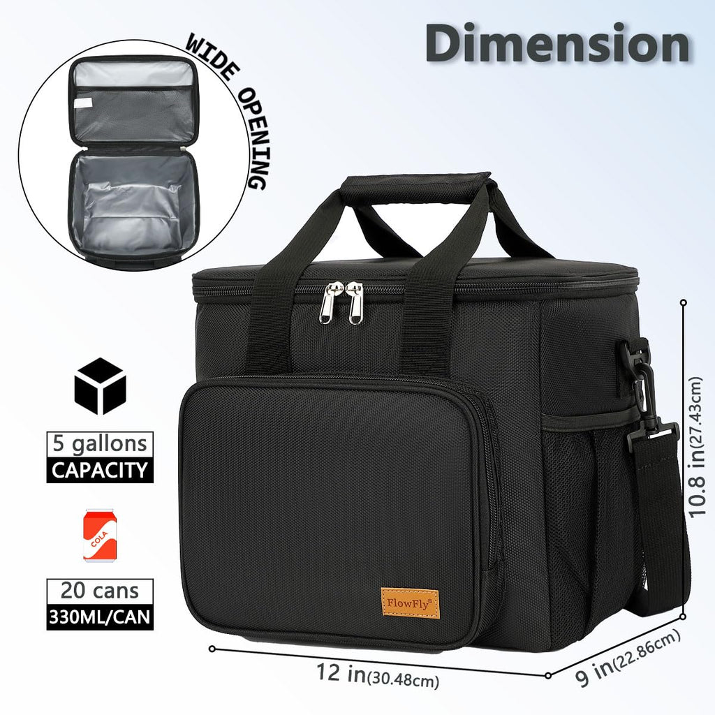FlowFly Insulated Lunch Bag Adult Lunch Box Large Cooler Tote Bag with Top Handle for Men and Women, with Adjustable Strap, Front Pocket, and Dual Large Mesh Side Pockets, Extra Large(20L), Black