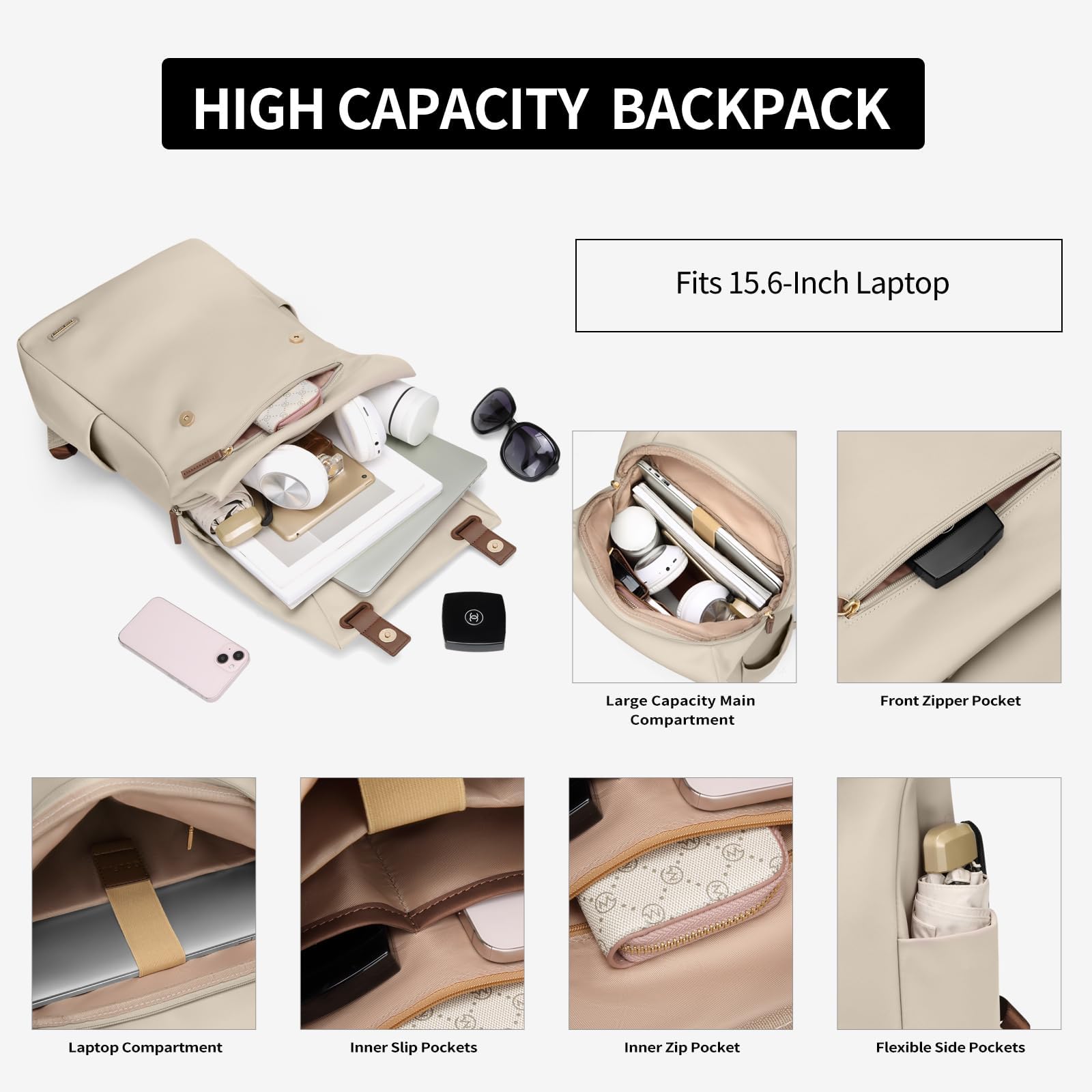 GOLF QUALITY Backpack with Flap 15.6Inch mochila de viaje Anti-theft Bookbag Casual Daypack for Women Men Travel Commute College Work Teacher,Apricot