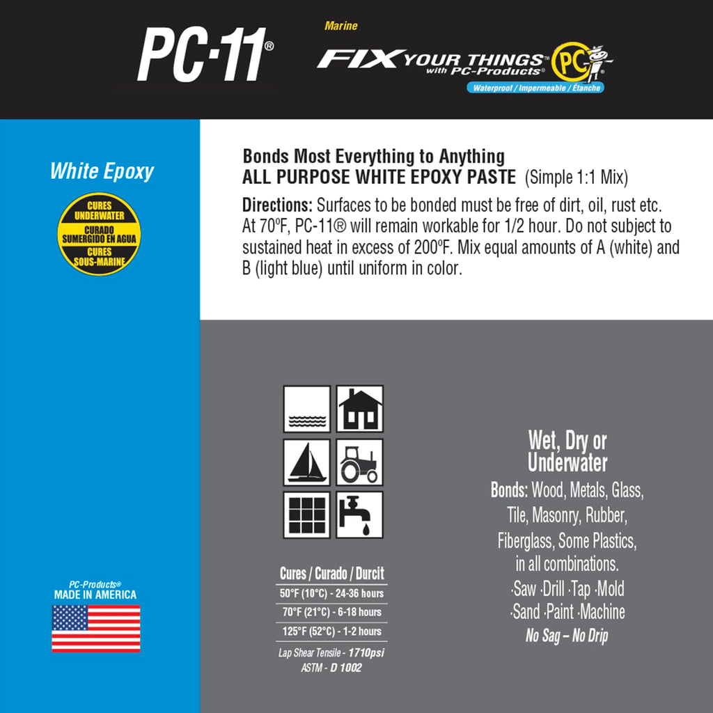 PC Products PC-11 Epoxy Adhesive Paste Kit with Mixing Tool, Two-Part Marine Grade, 1/2lb in Two Cans, Off White, (20128)