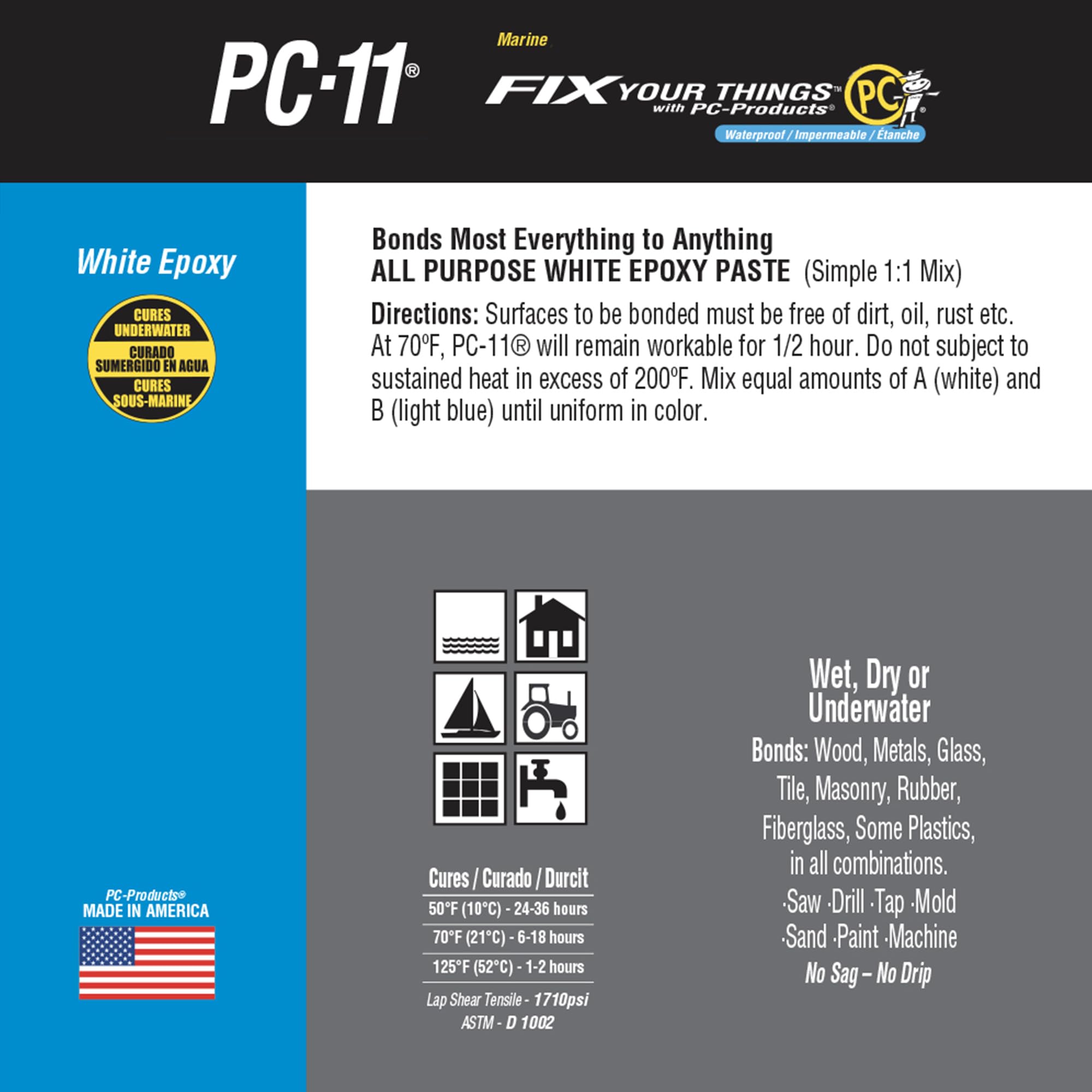PC Products PC-11 Epoxy Adhesive Paste Kit with Mixing Tool, Two-Part Marine Grade, 1/2lb in Two Cans, Off White, (20128)