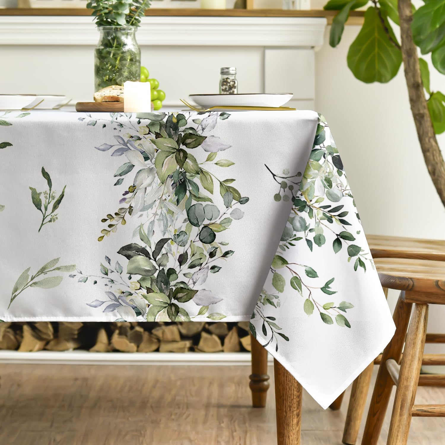 Horaldaily Spring Tablecloth 60×84 Inch Rectangular, Green Eucalyptus Washable Seasonal Table Cover for Party Picnic Dinner Decor