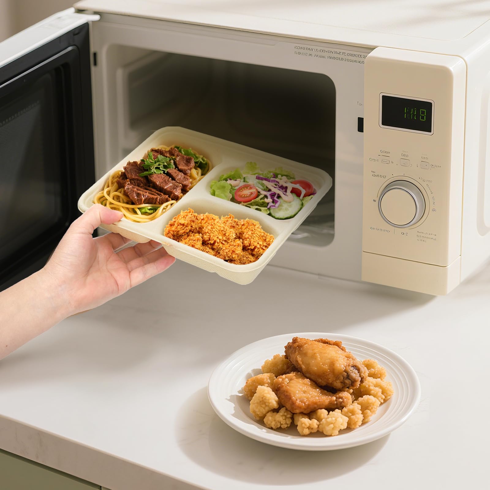 Yesland 100 Pack Compostable Paper Plates, Natural Sugarcane 3 Compartment Plate, Heavy Duty Lunch Tray, Disposable Divided Sectional Trays, Microwave Freezer Safe for Party School