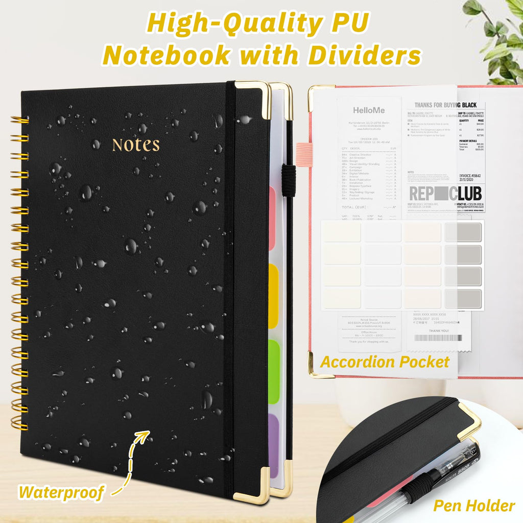 ONLYESH Spiral Notebook Journal,300Pages Hardcover Spiral Notebook journal with Removable Dividers Tabs,7.3"x10" Large Lined Journaling for Work, School, Women, Men（BLACK）