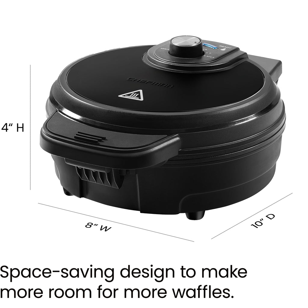 Chefman Anti-Overflow Belgian Waffle Maker w/ Shade Selector, Temperature Control, Mess Free Moat, Round Iron w/ Nonstick Plates & Cool Touch Handle, Measuring Cup Included, Black