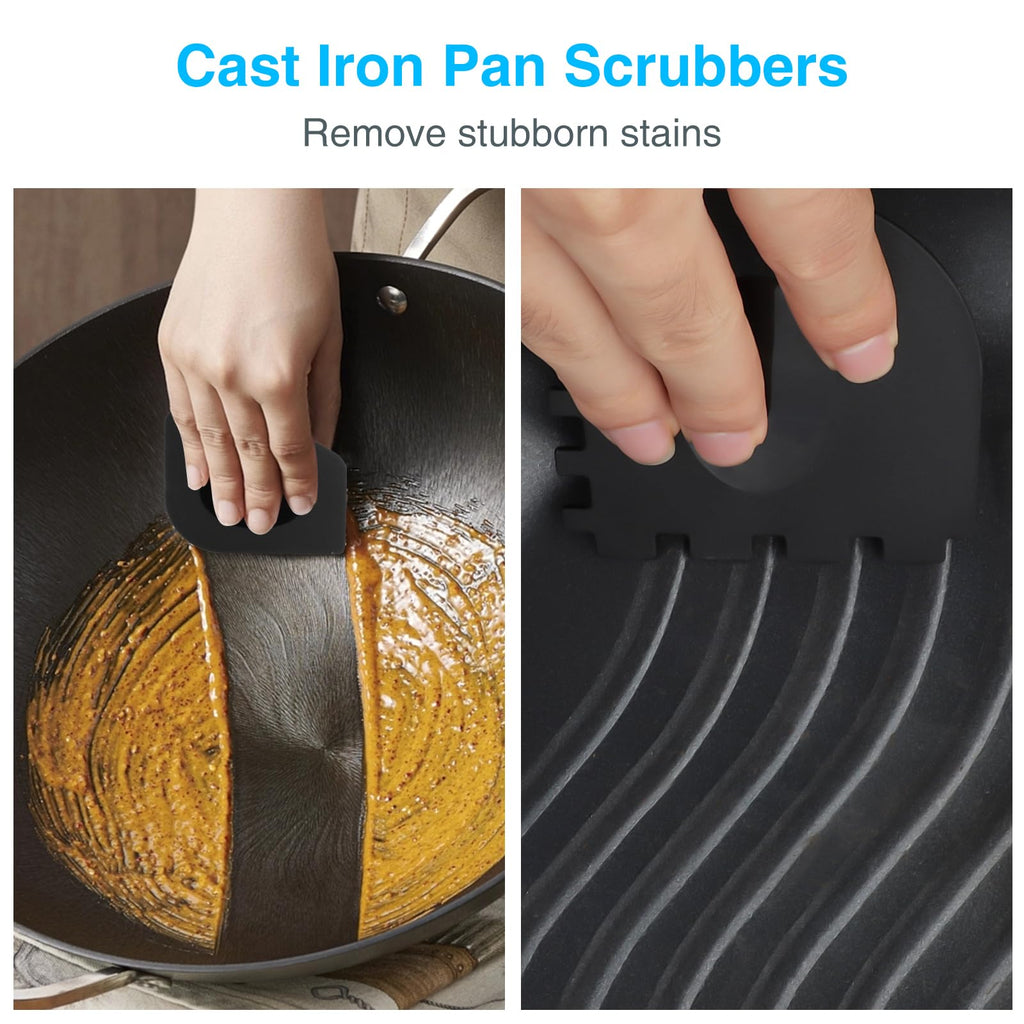 Upgraded Cast Iron Skillet Scrubber with Ergonomic Handle, Chain Mail Cleaning Scrubber for Cast Iron Pans Griddle Cleaning Brush with Pan Grill Scrapers