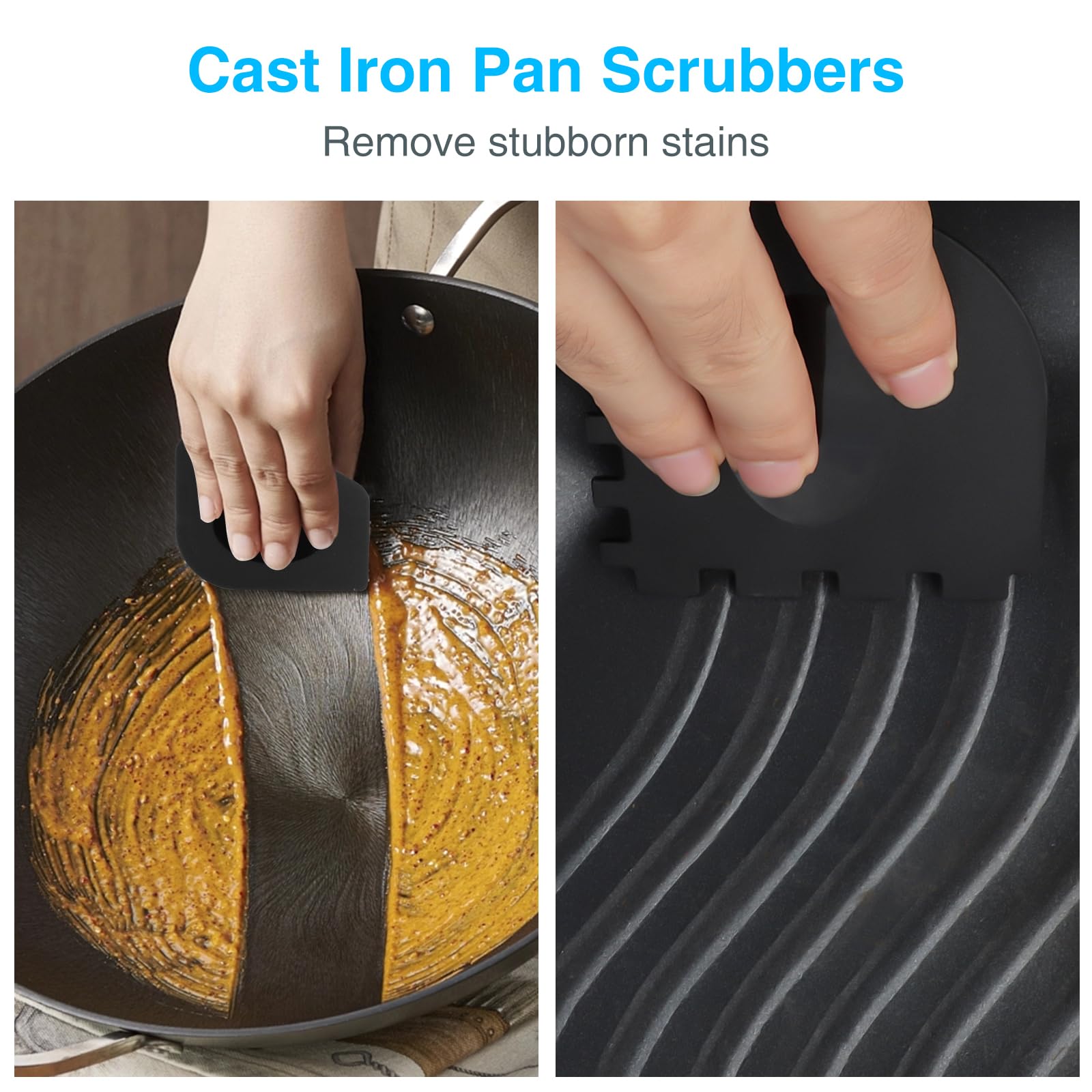 Upgraded Cast Iron Skillet Scrubber with Ergonomic Handle, Chain Mail Cleaning Scrubber for Cast Iron Pans Griddle Cleaning Brush with Pan Grill Scrapers