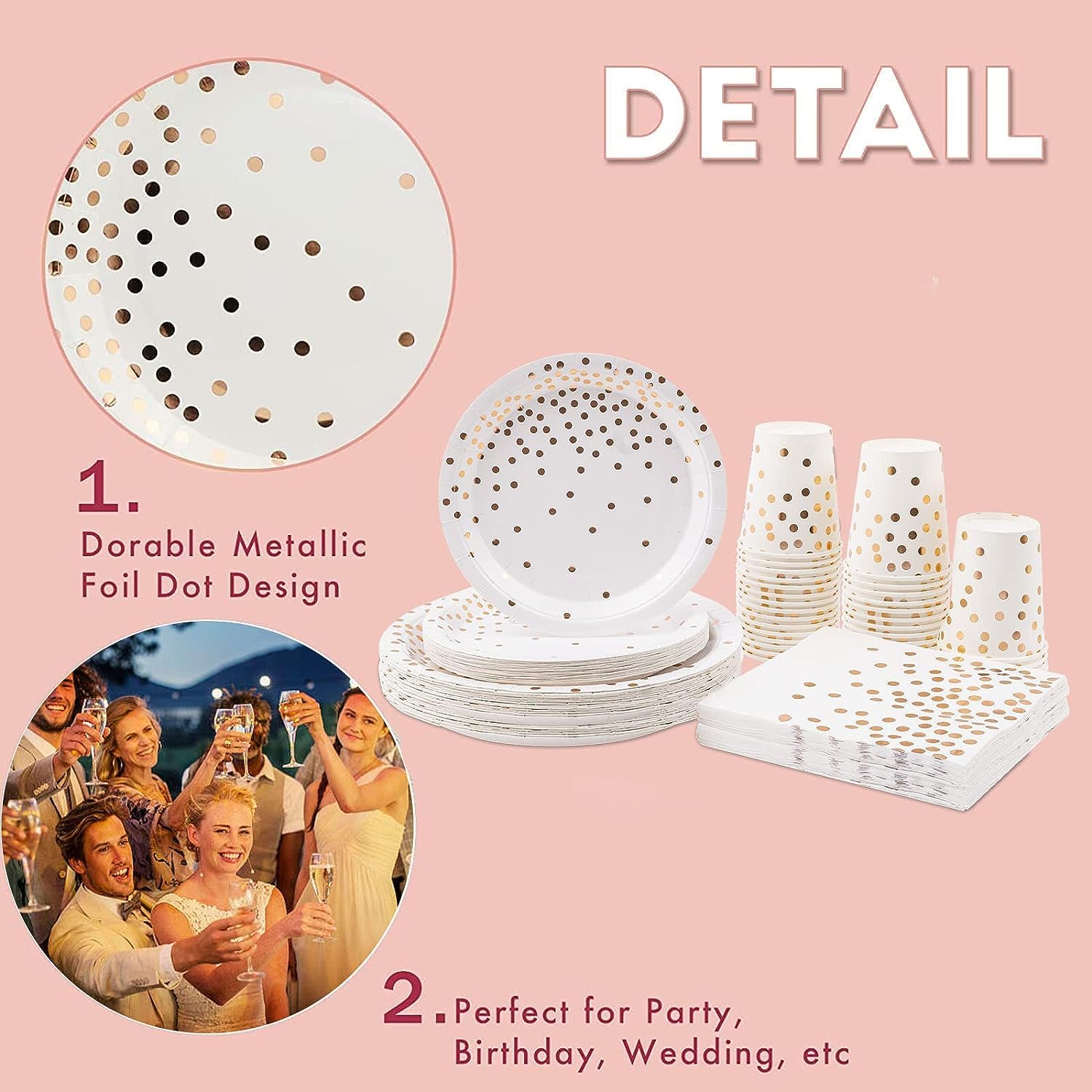 201Pcs White and Gold Paper Plates Party Supplies for 50 Guests,Disposable Party Decorations Dinnerware Gold Dot Paper Plates Napkins Cups Tablecloth for Birthday Wedding Babyshower