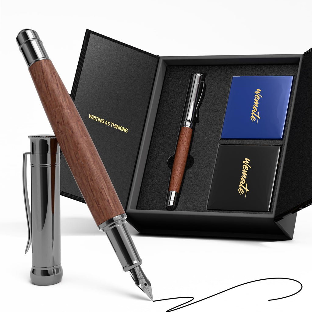 WEMATE Wood Fountain Pen with Ergonomic Grip, Fine Nib, 20 Ink Cartridges(10 Black&10 Blue), 1 Ink Converter, Smooth Writing&No Skips, Office Gift for Men, Professional