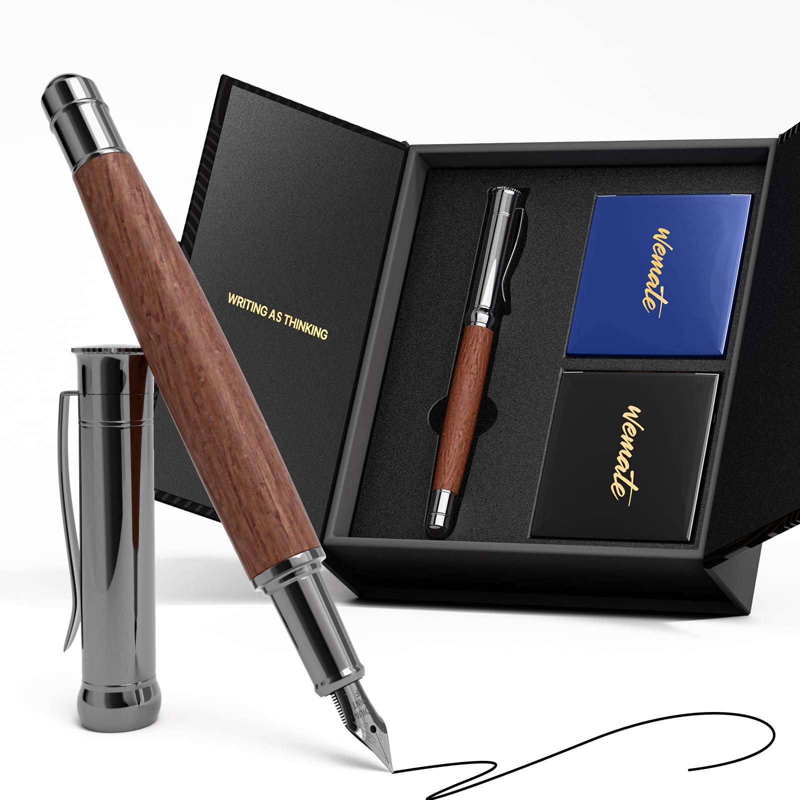 WEMATE Wood Fountain Pen with Ergonomic Grip, Fine Nib, 20 Ink Cartridges(10 Black&10 Blue), 1 Ink Converter, Smooth Writing&No Skips, Office Gift for Men, Professional