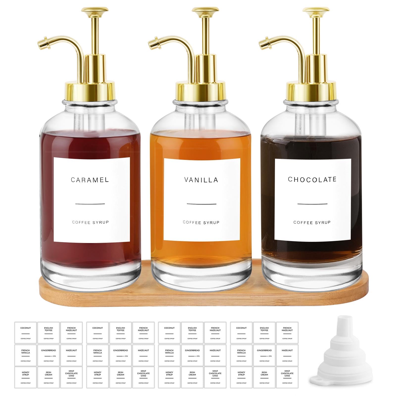 Sunal 3pack Coffee Syrup Dispenser,Gold 16.9 oz/500ml Glass Pump Bottles with Tray,Syrup Dispenser with Funnel&36 Labels for Kitchen&Coffee Bar