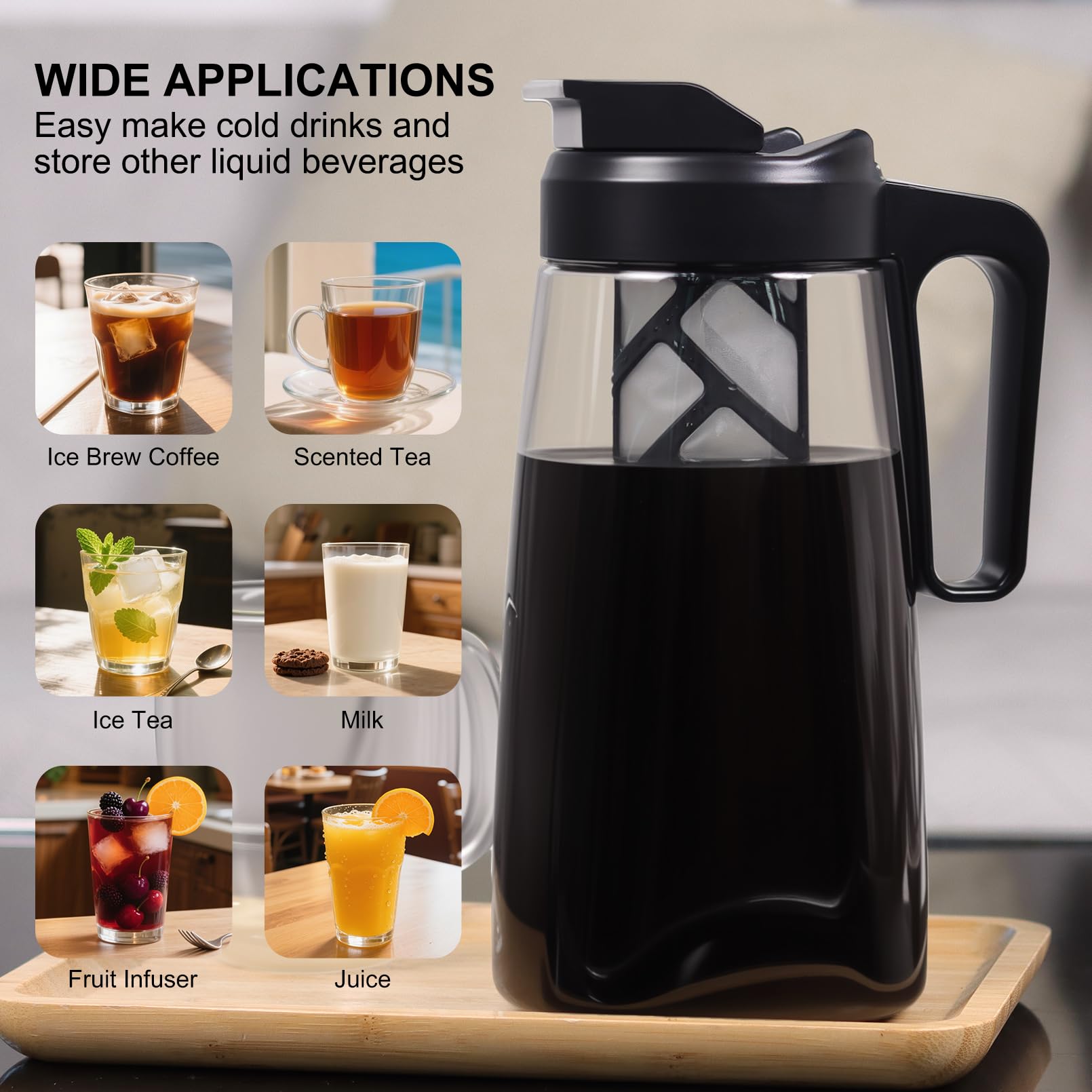 Sivaphe Large Ice Cold Coffee Maker 2 Quart, Dishwasher Safty Traitan Carafe Pitcher Leak Proof, Reusable Filter 64 oz Iced Coffee Tea Method Brewer