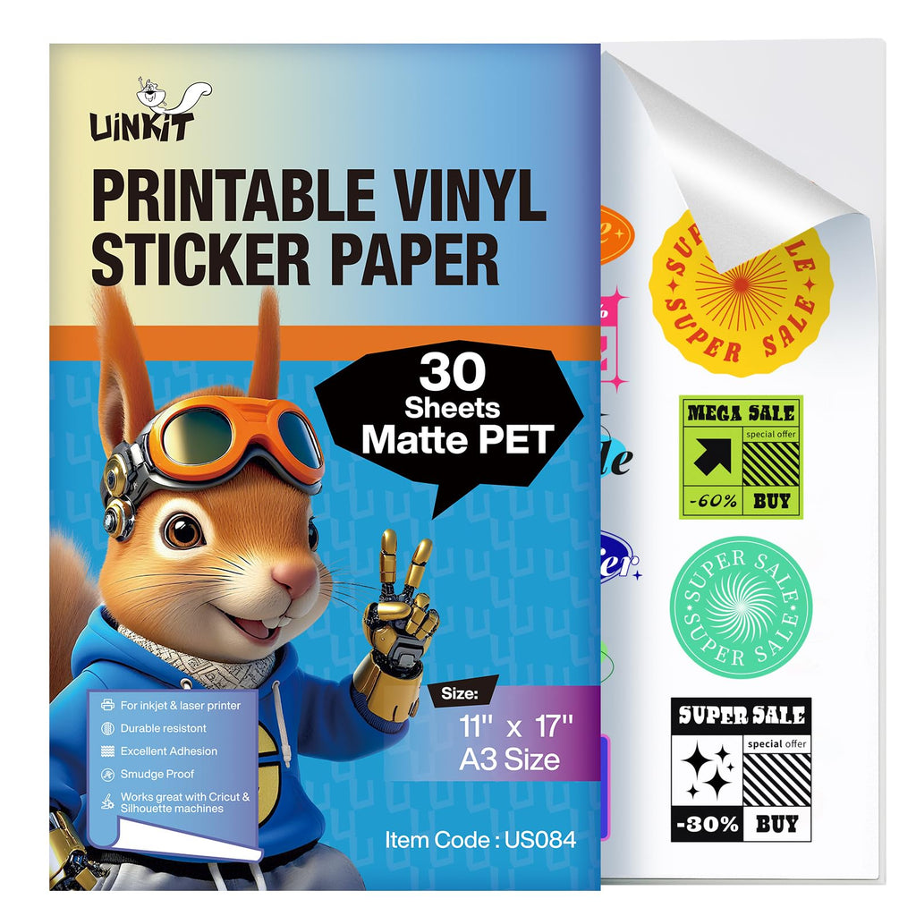 Uinkit Premium Printable Matte Vinyl Sticker Paper for Inkjet Printer and Laser - 30 White Matte Sticker Paper Waterproof - Durability Adhesive Paper 11x17, Fast Dry, Great for Cutting Machines