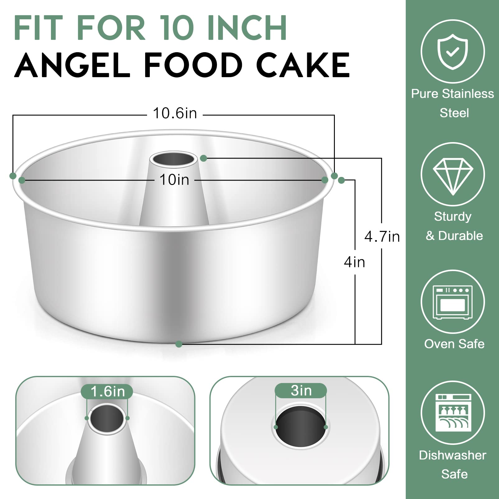 TeamFar 10inch Angel Food Cake Pan, Stainless Steel Pound Cake Pan with Tube, Hollow for Home/Kitchen Baking, Healthy & Non-Toxic, Durable & One-Piece, Mirror Finish & Dishwasher Safe, Silver