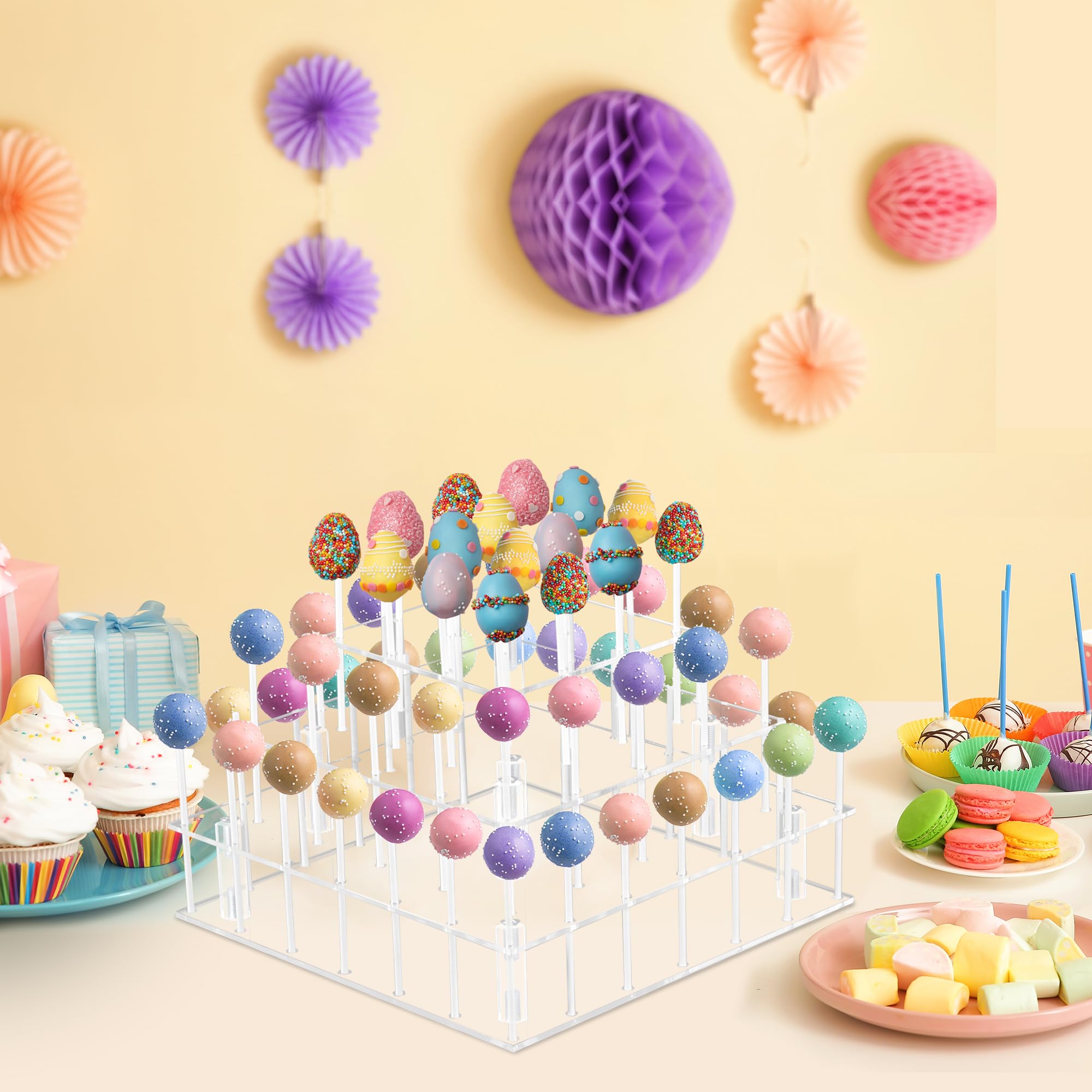 3 Tier Cake Pop Stand, 56 Holes Acrylic Cake Pop Holder Stand, Clear Cake Pop Display Stand Holder, Lollipop Square Display Stand with Sticks and Wrappers for Weddings Birthday Parties