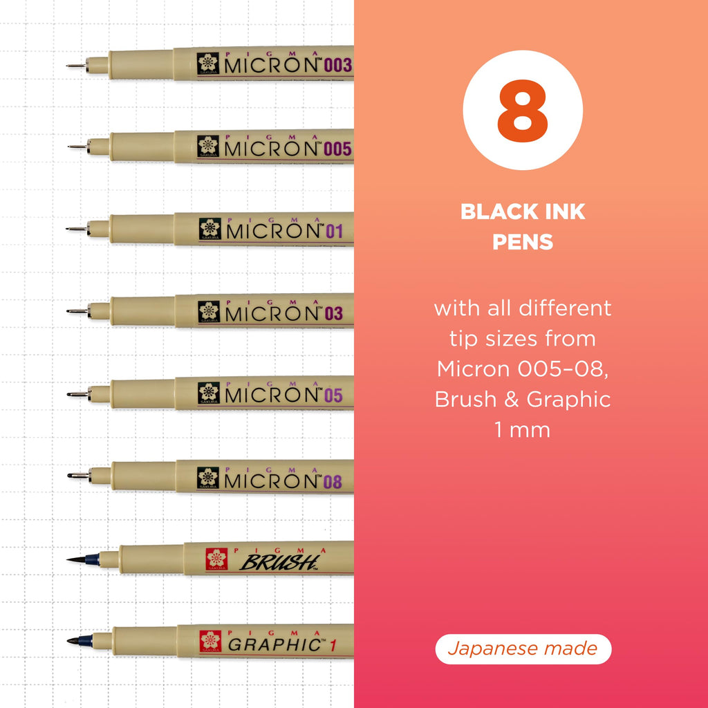 Sakura Pigma Micron Fineliner Pens - Archival Black Ink Pens - Pens for Writing or Drawing - Holiday Gifts for Artists, Crafters & DIY Gifts Projects - Assorted Point Sizes - 8 Pack