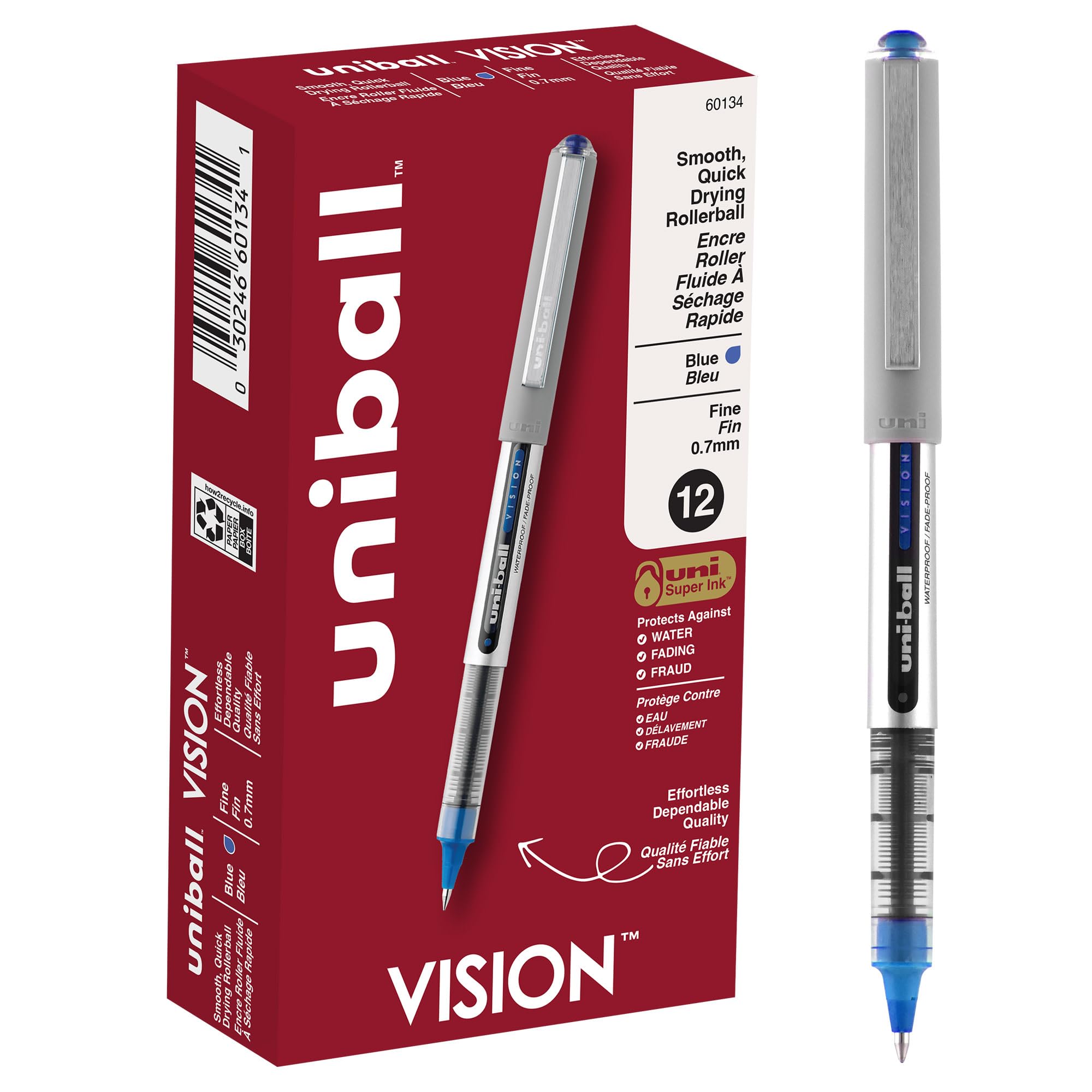 uni-ball VISION Rollerball, Stick Roller Ball Pen Fine-0.7mm, Blue Ink (60134)