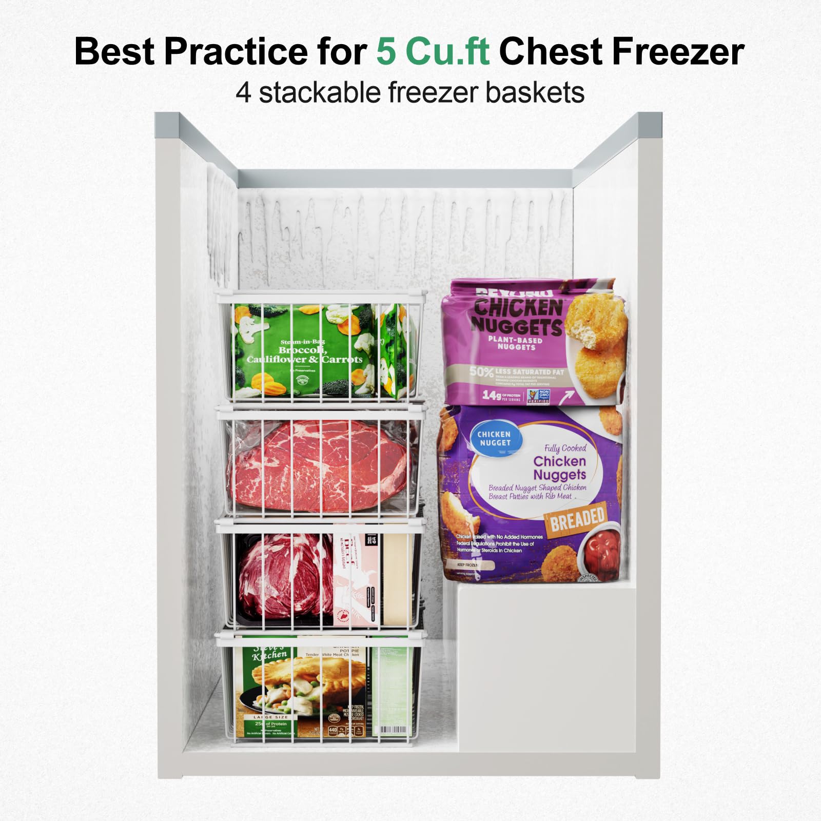 iSPECLE Freezer Organizer Bins- 4 Pack Stackable Freezer Baskets for 5 Cu.Ft Deep Freezer Sort Frozen Foods Chest Freezer Organizer with Handles Easily Get Food and Add Storage Space, White