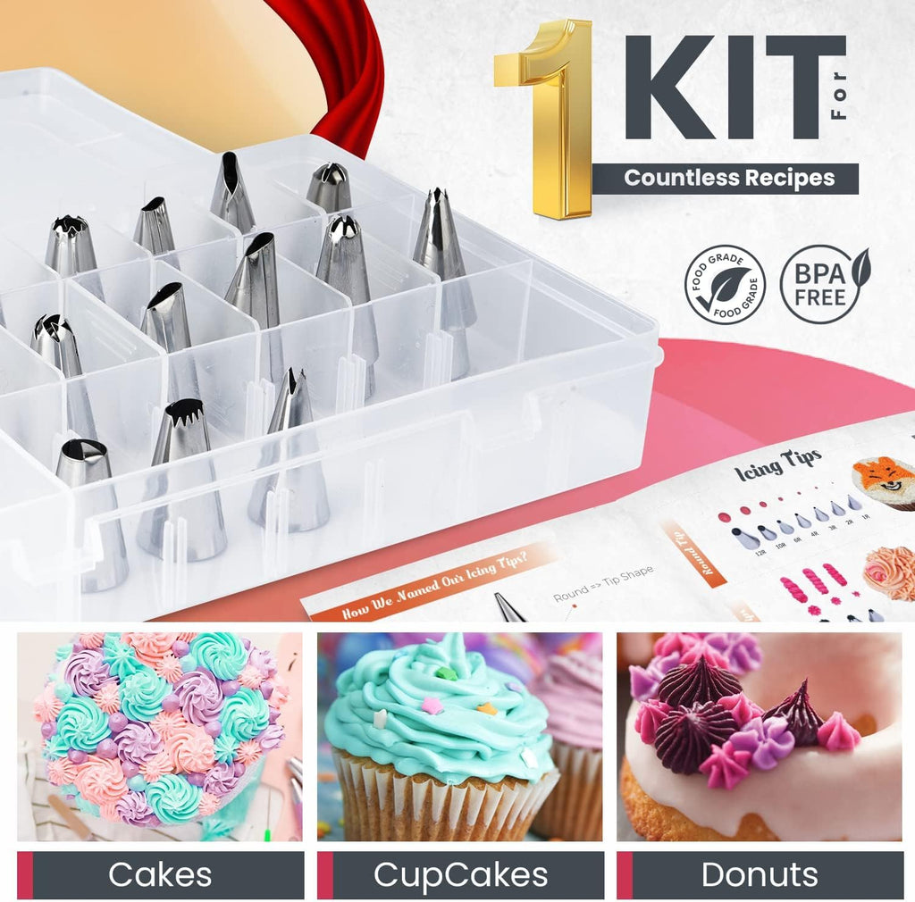 Piping Bags and Tips | RFAQK 100 PCs Cake Decorating Kit with Spatula-Scrappers-48 Numbered Stainless Steel Piping Tips & Icing Bags-Reusable Silicon Bag-Pattern Chart, EBook & Other Icing Piping Set