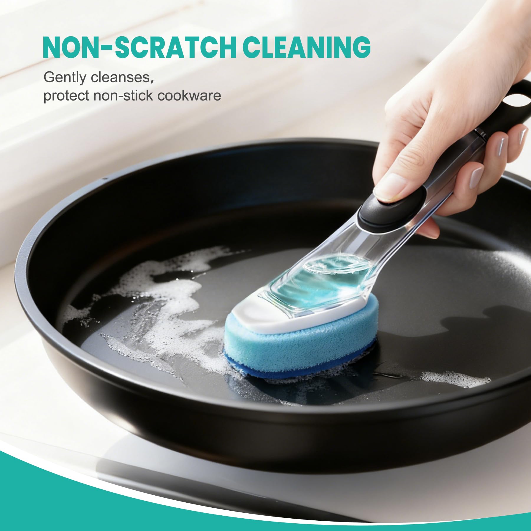 HELIME Dishwand Refills, Non-Scratch Replacement Sponge Heads for Dish Wand, Leak-Proof Handle with Heavy-Duty Scrubbers, Universal Compatible Soap Dispensing Brush for Kitchen, Bathroom Cleaning