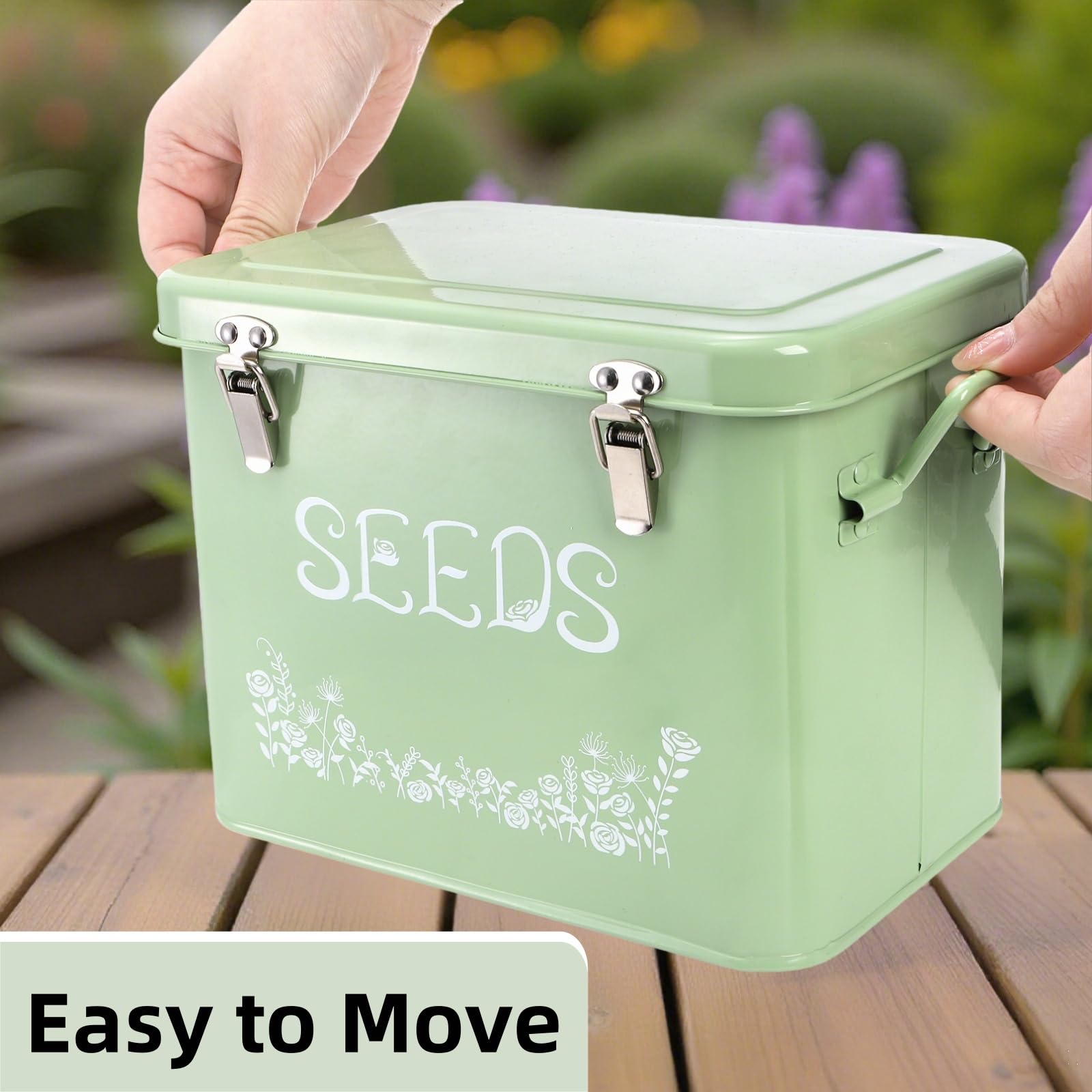 Covzoe Seed Storage Box, Metal Seed Packet Organizer with Garden String and 10 Wood Plant Labels, 3 Compartment Seed Saving Container with Lid, Seed Organizer Tin for Gardeners, Green