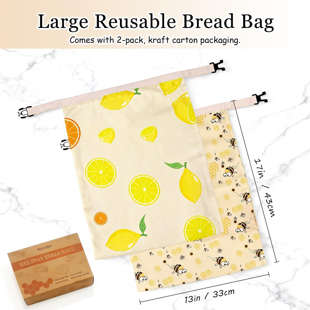 2 Pack Reusable Beeswax Bread Bags, Natural Beeswax-Lined Cotton Bread Bags for Homemade Sourdough Bread, Large Storage Bags to Keep Bread Fresh for Freezer, Plastic-Free Storage, Washable