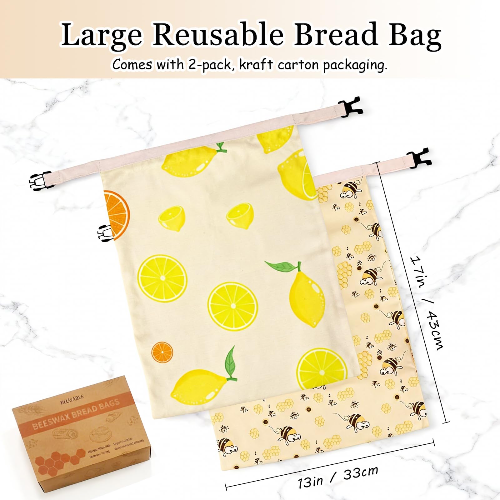 2 Pack Reusable Beeswax Bread Bags, Natural Beeswax-Lined Cotton Bread Bags for Homemade Sourdough Bread, Large Storage Bags to Keep Bread Fresh for Freezer, Plastic-Free Storage, Washable