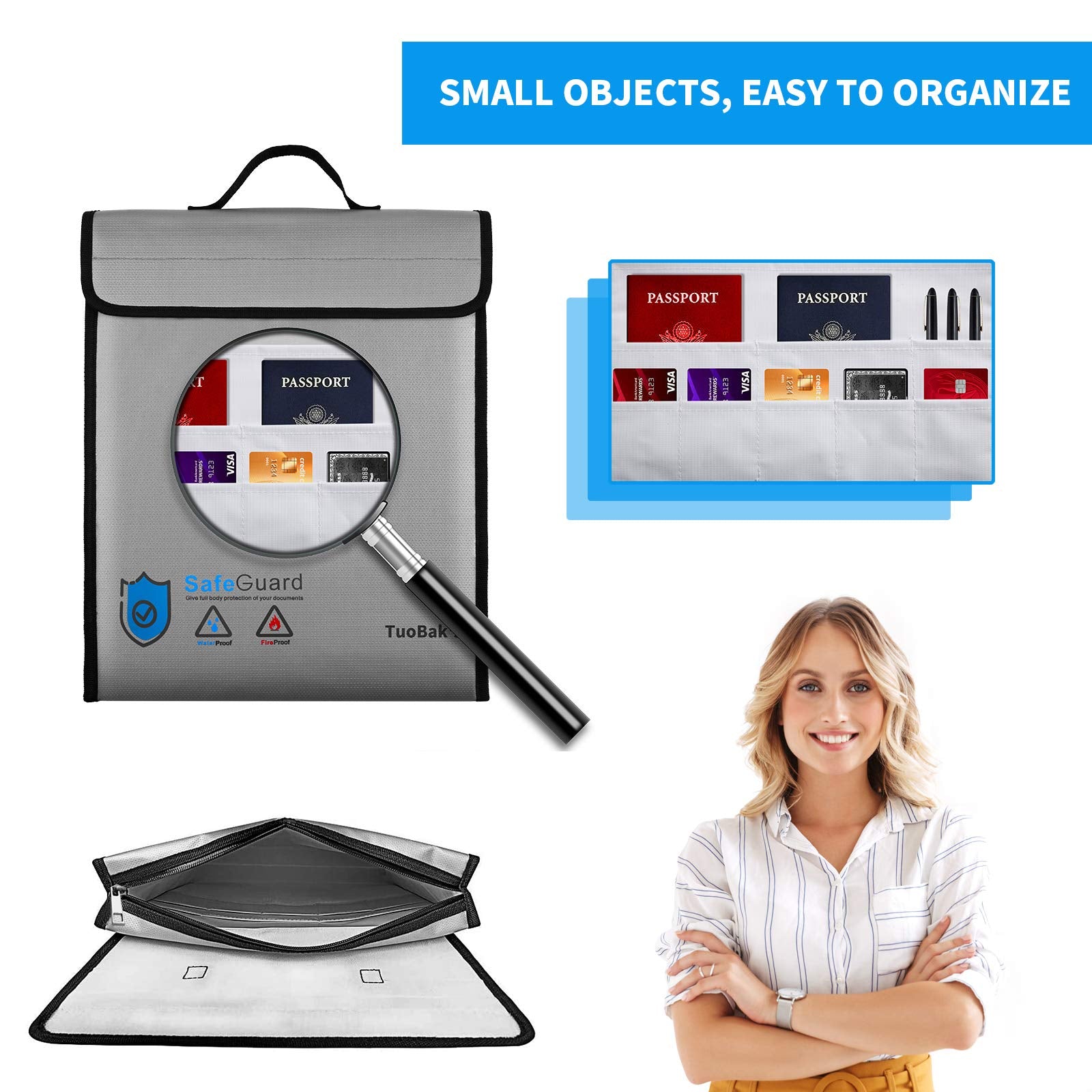TuoBak's Fireproof Document Bag with Zipper,Heat Insulated Upgraded Fireproof Waterproof Document Bag 15.8”x 12.6”×2.5” for Important Document Storage Organizer for Valuables, Legal Documents Safe