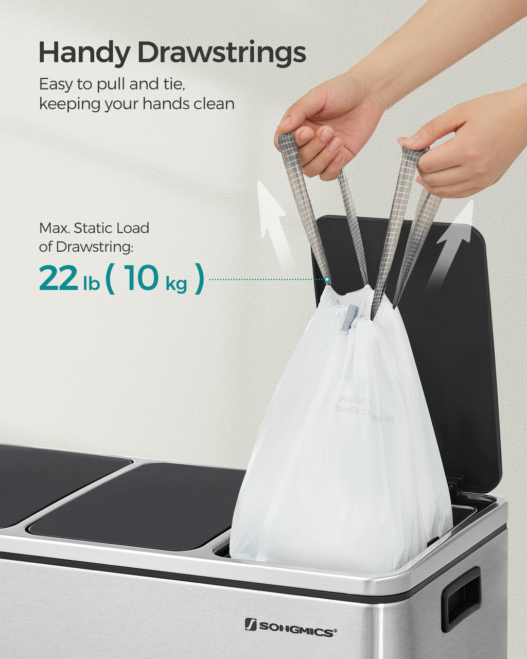 SONGMICS Trash Bags for 4-5.3 Gallon (15-20 L) Trash Cans, Drawstring Kitchen Garbage Bags, Pre-Separated, Liner Code 020A01, 2 Rolls, 80 Count, White UKRB020A02
