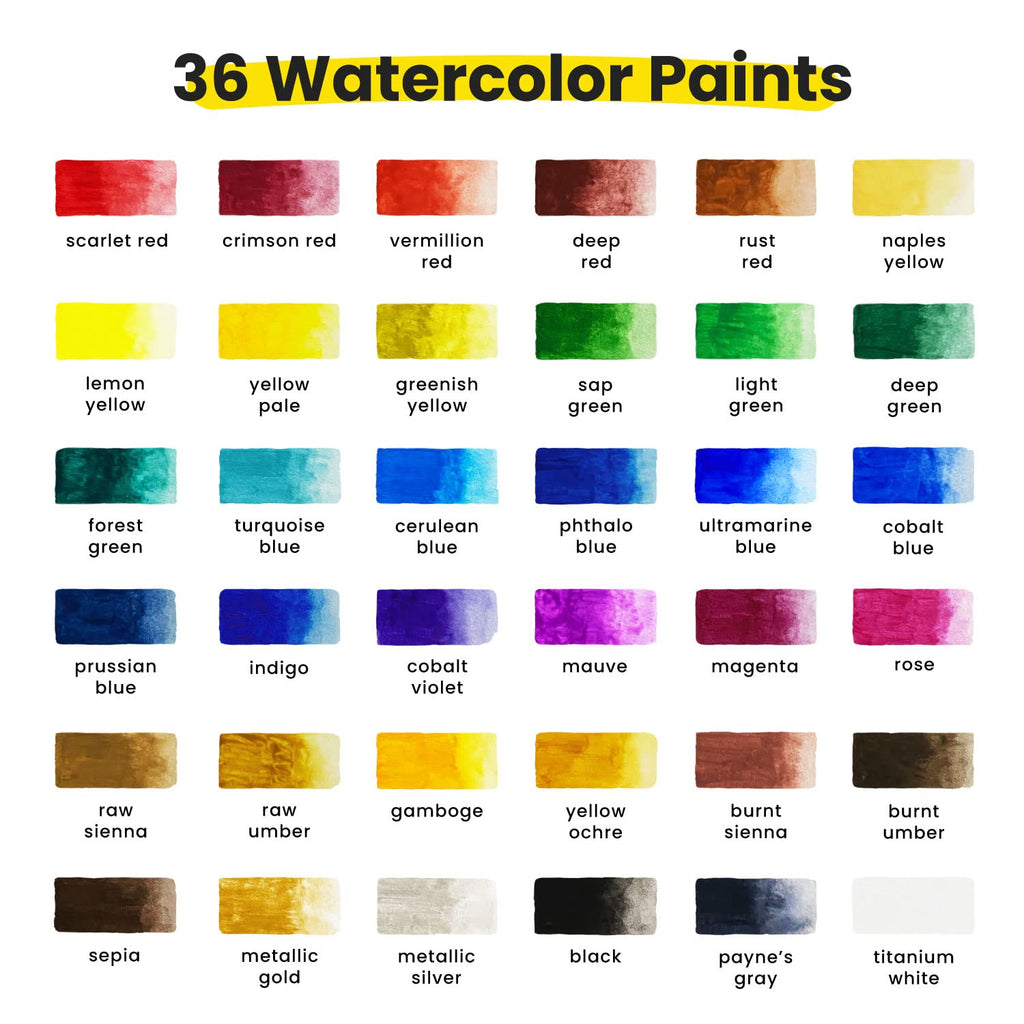 Chalkola Watercolor Paint Kit for Adults - 36 Watercolor Tubes (12ml, 0.4oz), 10 Painting Brushes & 1 Palette - Water Colour Paint Set for Beginners & Professional Artists | Watercolour Supplies