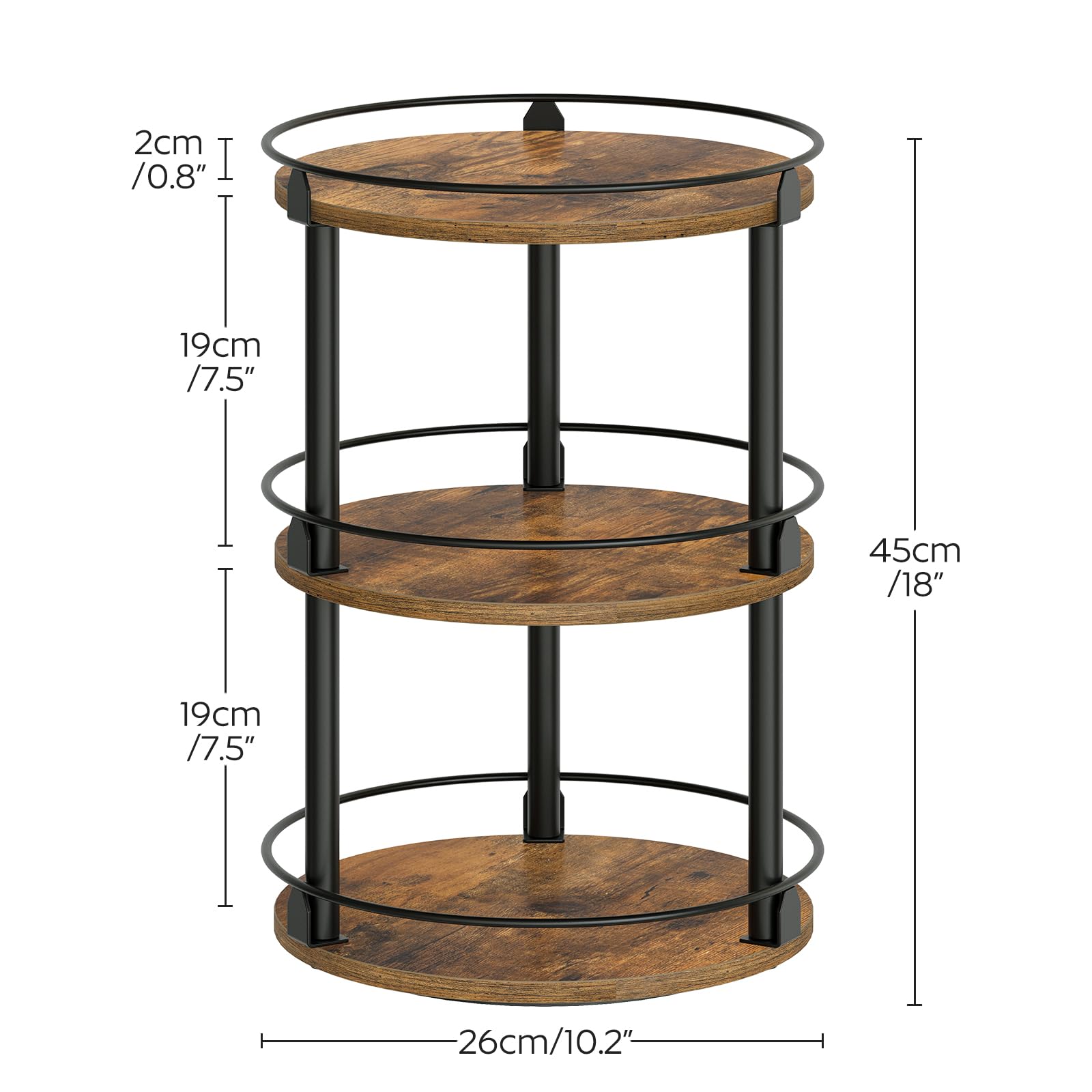 YATINEY Spice Rack, Rotating Spice Organizer for Cupboard, 3 Tier Lazy Susan Turntable, Industrial Countertop Organizer, for Kitchen and Cabinet, Compact and Versatile, Rustic Brown and Black SR23BR
