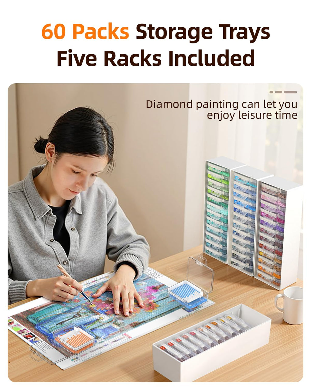 Redtwo 60pcs Diamond Painting Storage Containers Trays with 2 Layers, 3-in-1 Diamond Painting Trays with Lids, Diamond Art Accessories, Rhinestone Soter, Bead Storage & Line-Up
