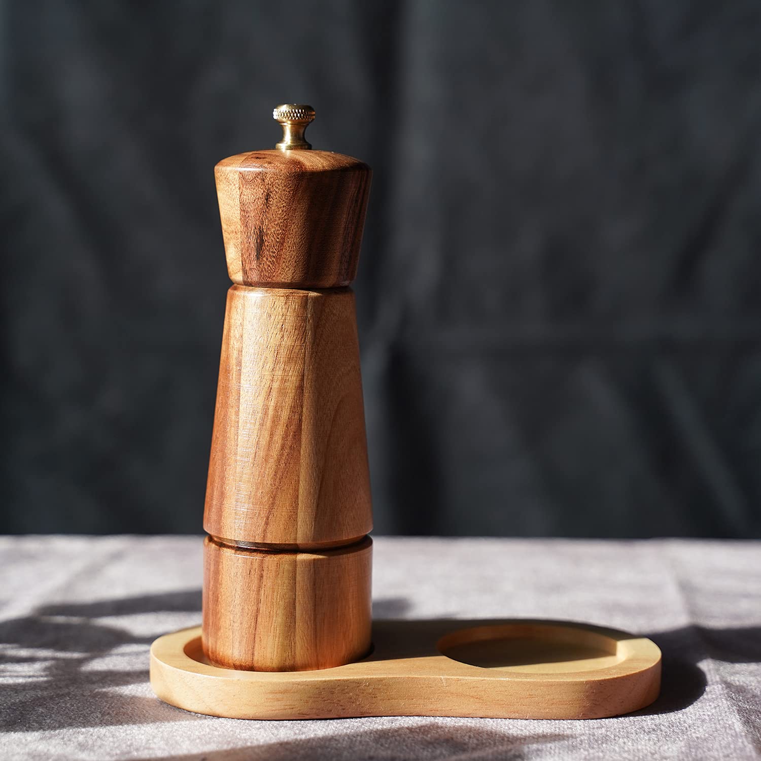 DeroTeno Pepper Grinder, Pepper Mill with Adjustable Stainless Steel, Acacia Wood, 16.5 cm / 6 inch Height, Bottom Dia: 5 cm, Upper Dia: 4.5 cm (Tray is NOT Included)
