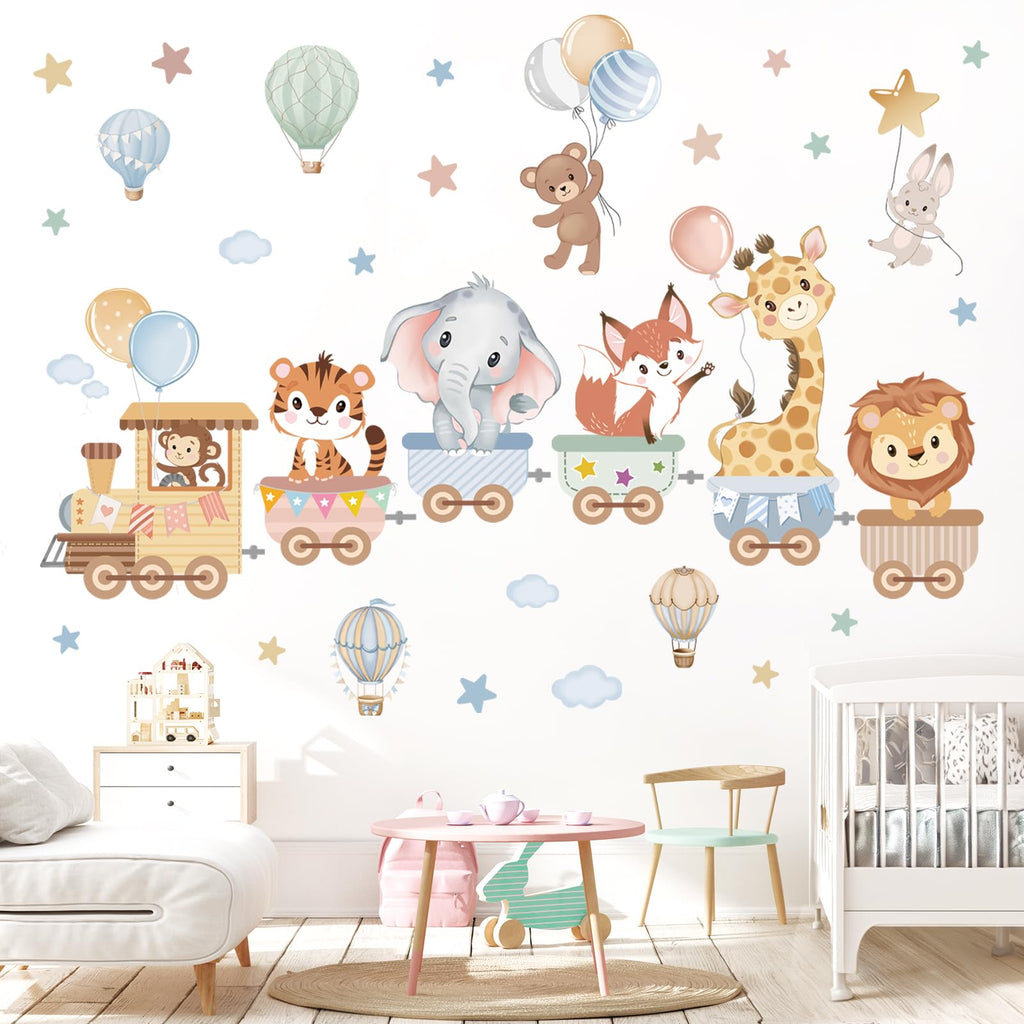 wondever Jungle Animals Train Nursery Wall Decal Hot Air Balloon Animals Elephant Giraffe Peel and Stick Wall Stickers Decor for Kids Room Baby Toddler Room