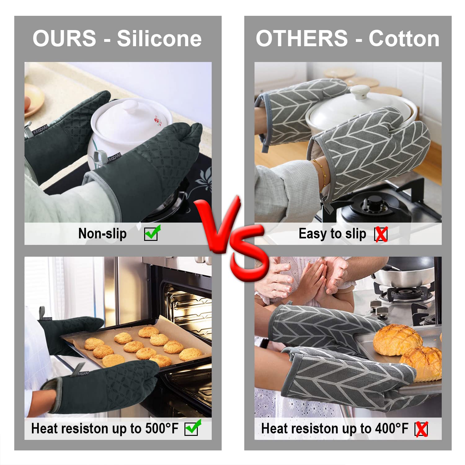 KEGOUU Oven Mitts and Pot Holders 6pcs Set, Kitchen Oven Glove High Heat Resistant 500 Degree Extra Long Oven Mitts and Potholder with Non-Slip Silicone Surface for Cooking