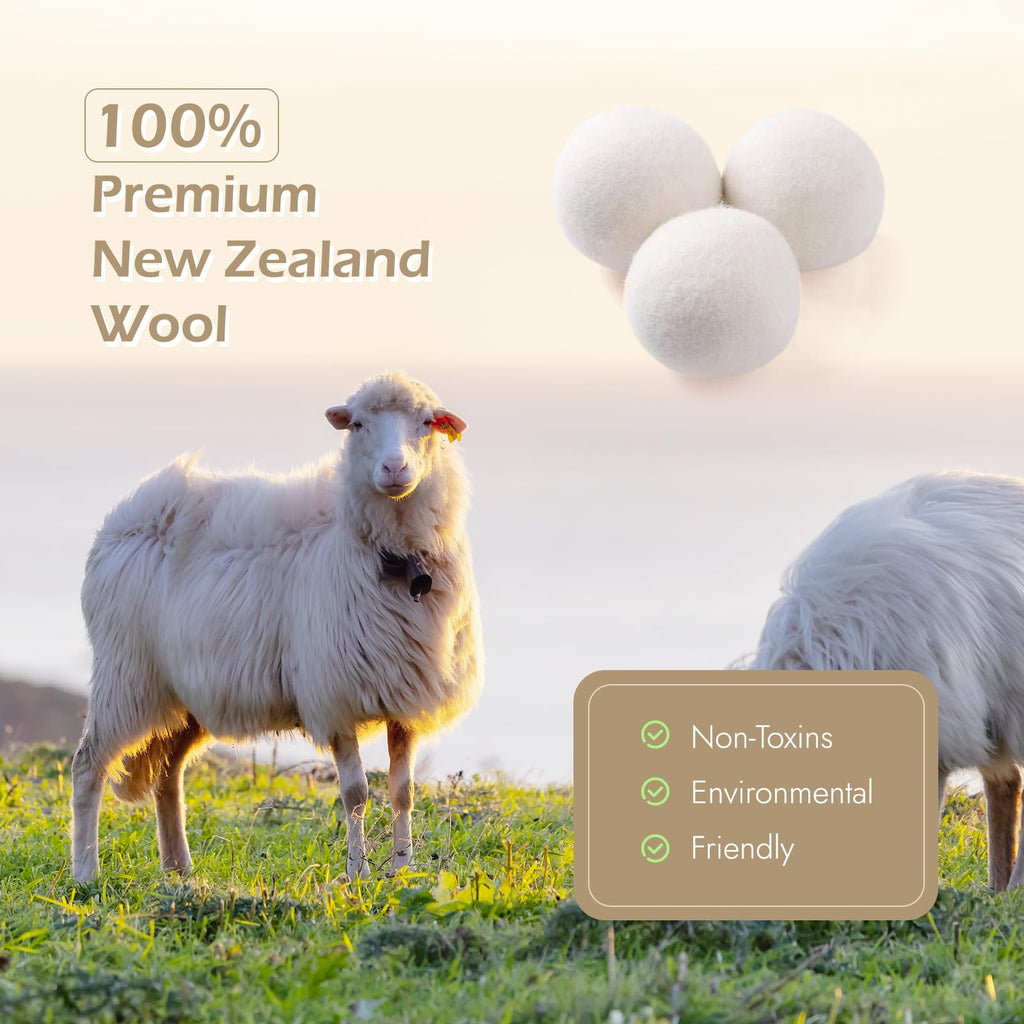 Wool Dryer Balls 6-Pack - Organic New Zealand Wool, XL Handmade Fabric Softener, Reduces Drying Time and Wrinkles, Eco-Friendly Reusable Laundry Solution